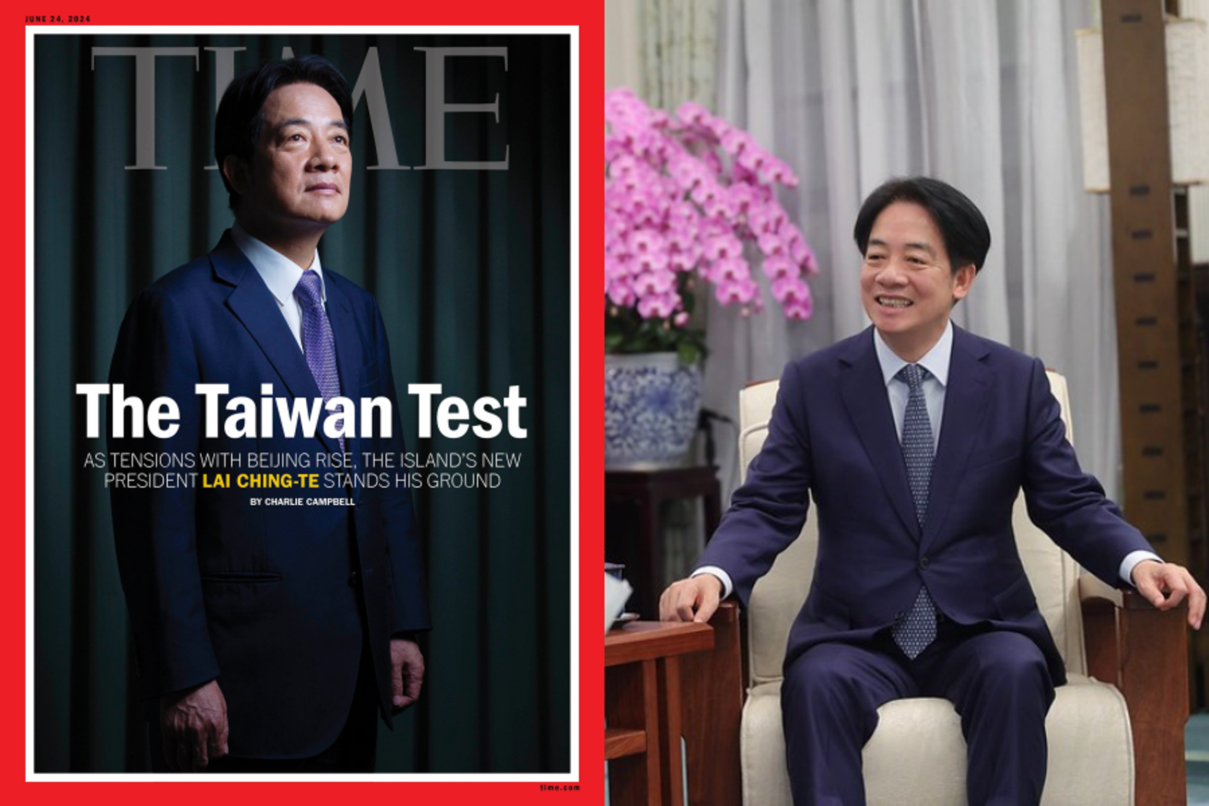 賴清德登上《時代雜誌》封面,標題為「台灣的考驗」。(翻攝自TIME臉書、總統府提供)