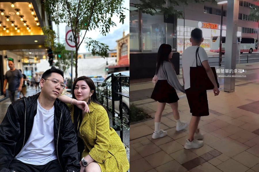 天后闆妹轉發友人限動，她和豪哥在日本街頭牽手散步（右圖）。（翻攝自天后闆妹IG）
