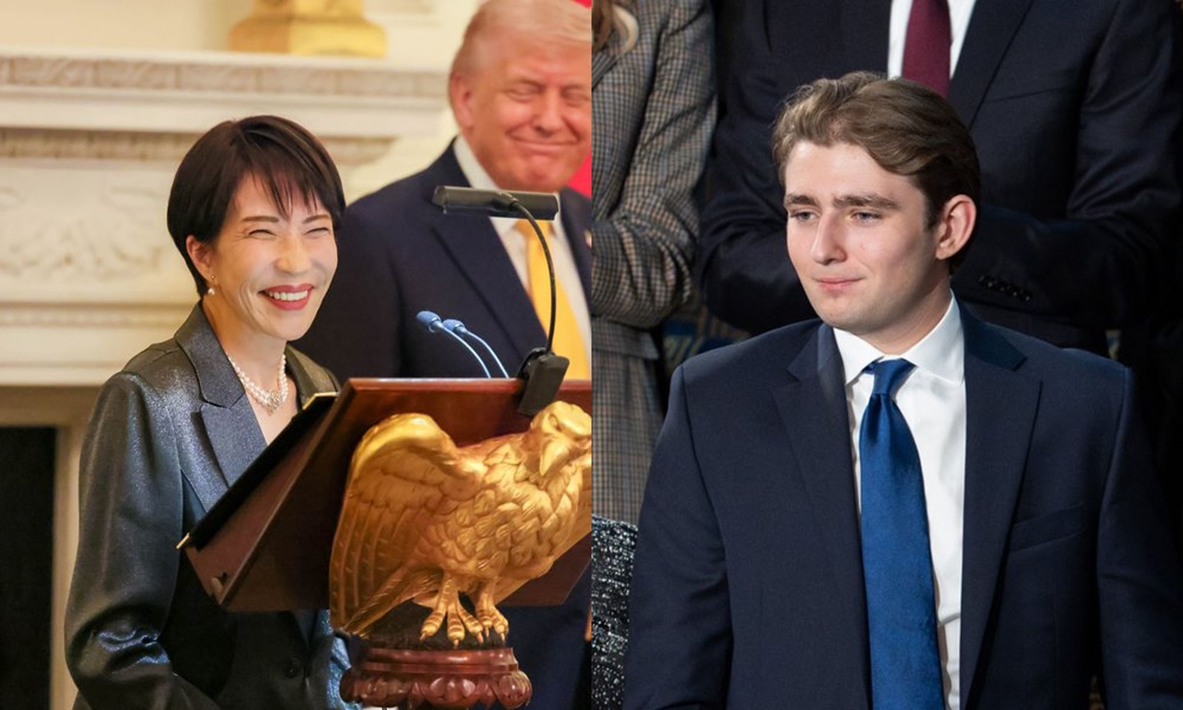 高市早苗(左圖)在白宮晚宴上,稱讚川普的兒子巴倫(右圖)長得又高又帥。(翻攝X@takaichi_sanae、The White House Flickr)