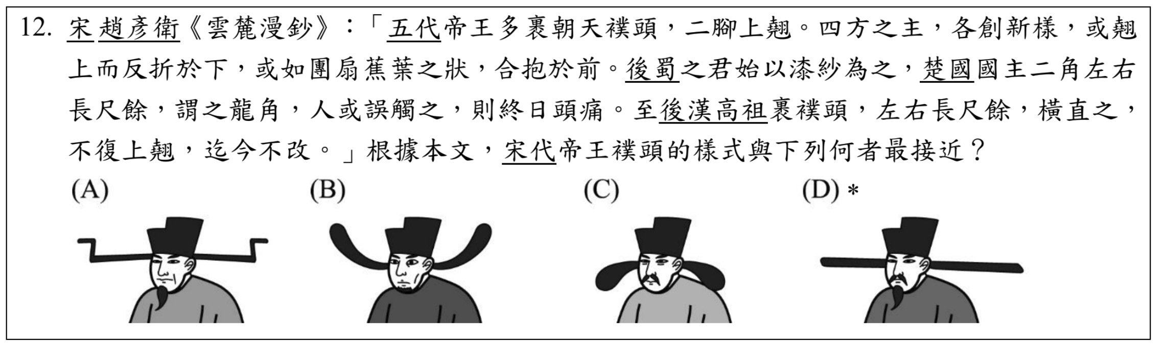 115年國中會考國文科第12題，要求考生根據古文描述判斷宋代「襆頭」樣式，正確答案為D。（翻攝國中教育會考官網）