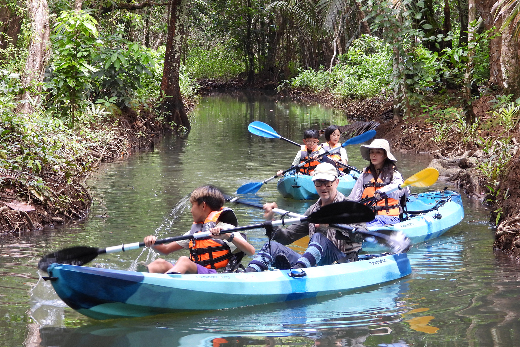 主持人温貞菱（戴白帽者）陪小朋友在帛琉紅樹林探險。（公視提供）