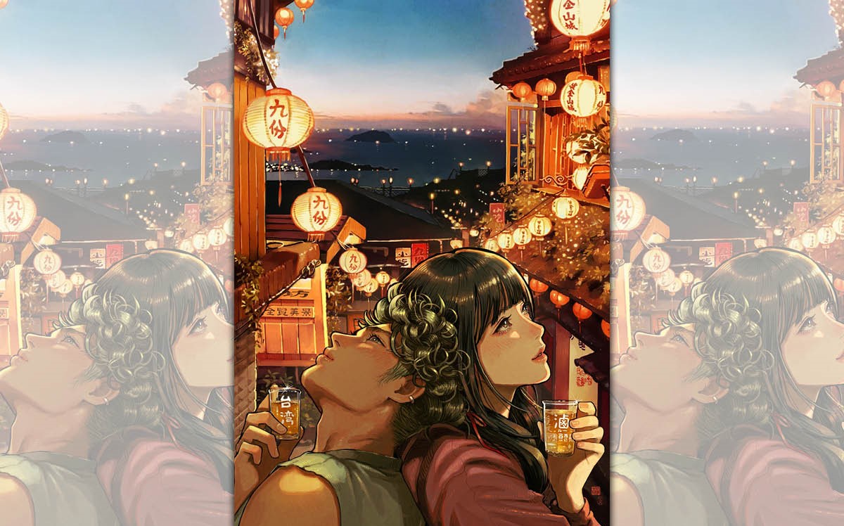 文策院與神農生活合作，在日本大阪舉辦「台灣漫畫雜貨屋」活動，盧卡斯以日人熟悉的九份為場景，繪製文宣品彩圖。（盧卡斯提供）