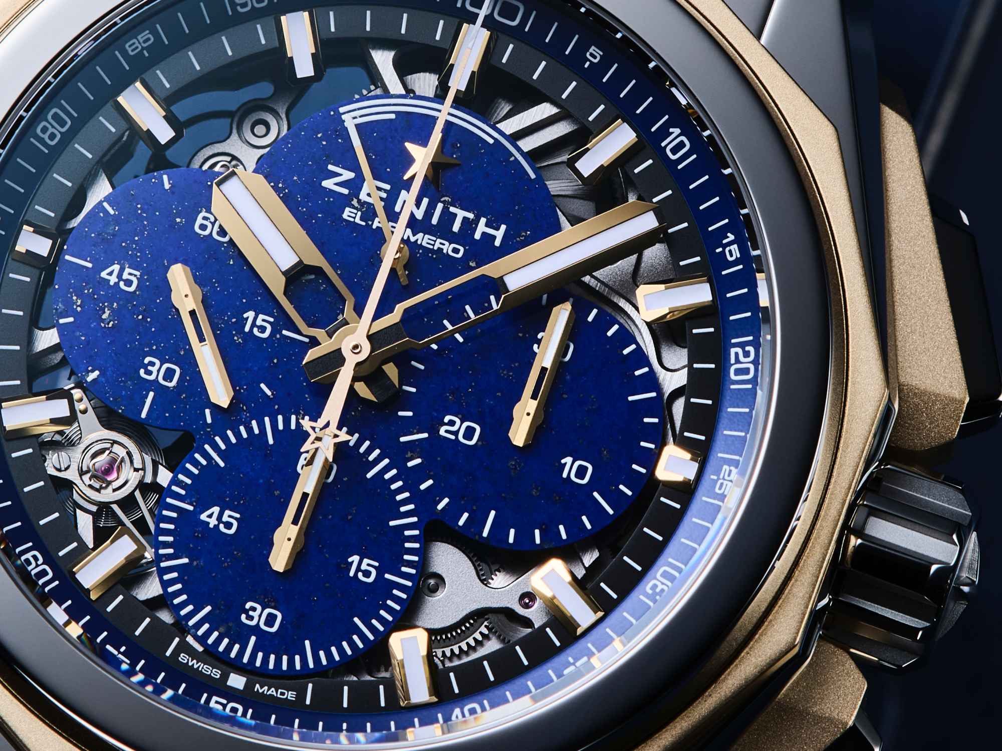 真力時全新發表的Defy Extreme青金石款，以「石材美學＋百分之一秒超高頻機芯」製造出鮮明的定位。