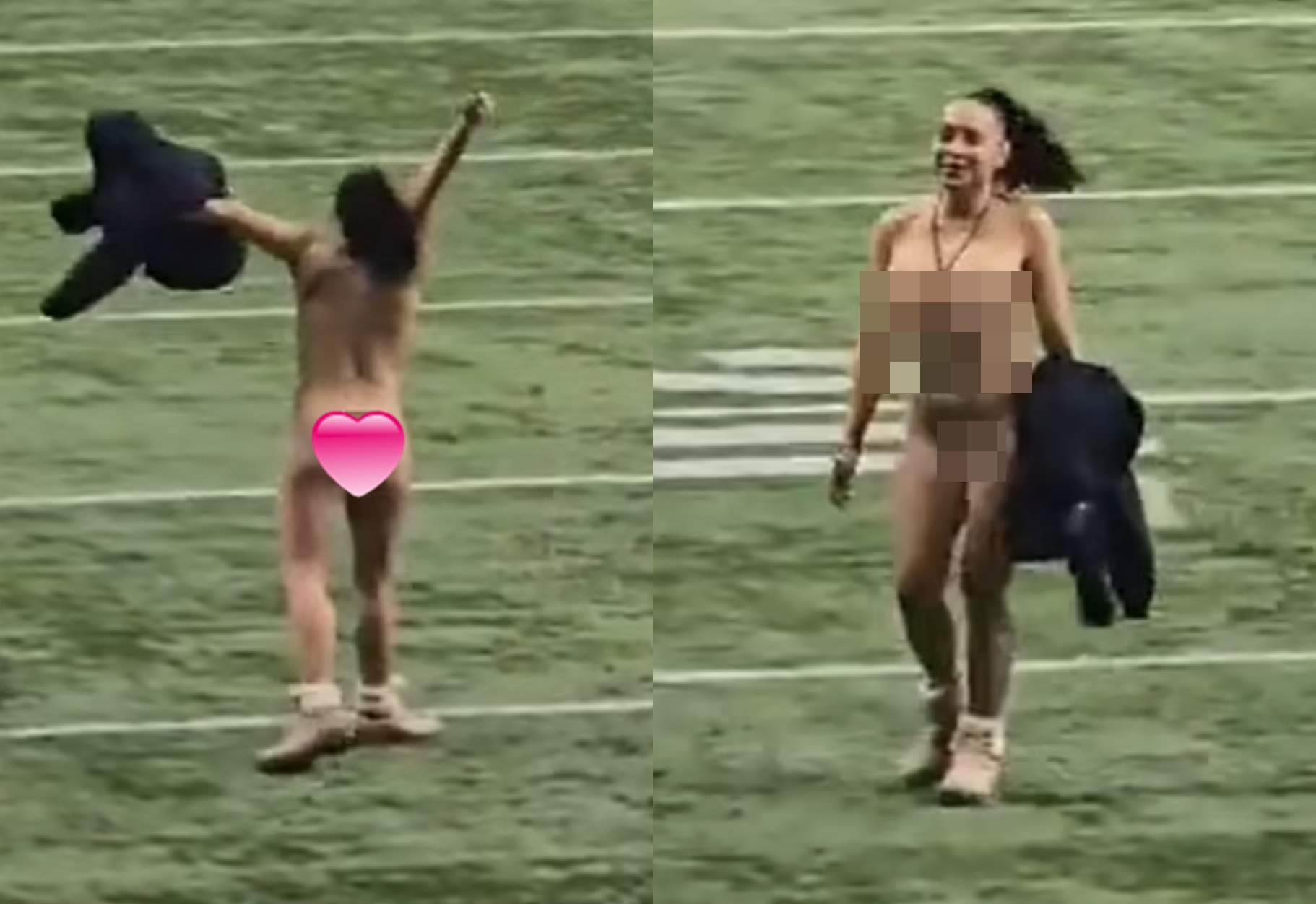 一名女球迷闖入球場裸奔，現場卻無人驅趕她。（翻攝X@SchengenStory）	