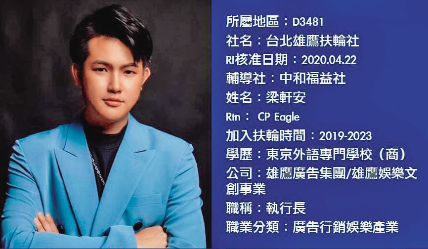 梁軒安除了經營娛樂公司，也是雄鷹扶輪社的創社社長。（翻攝梁軒安臉書）
