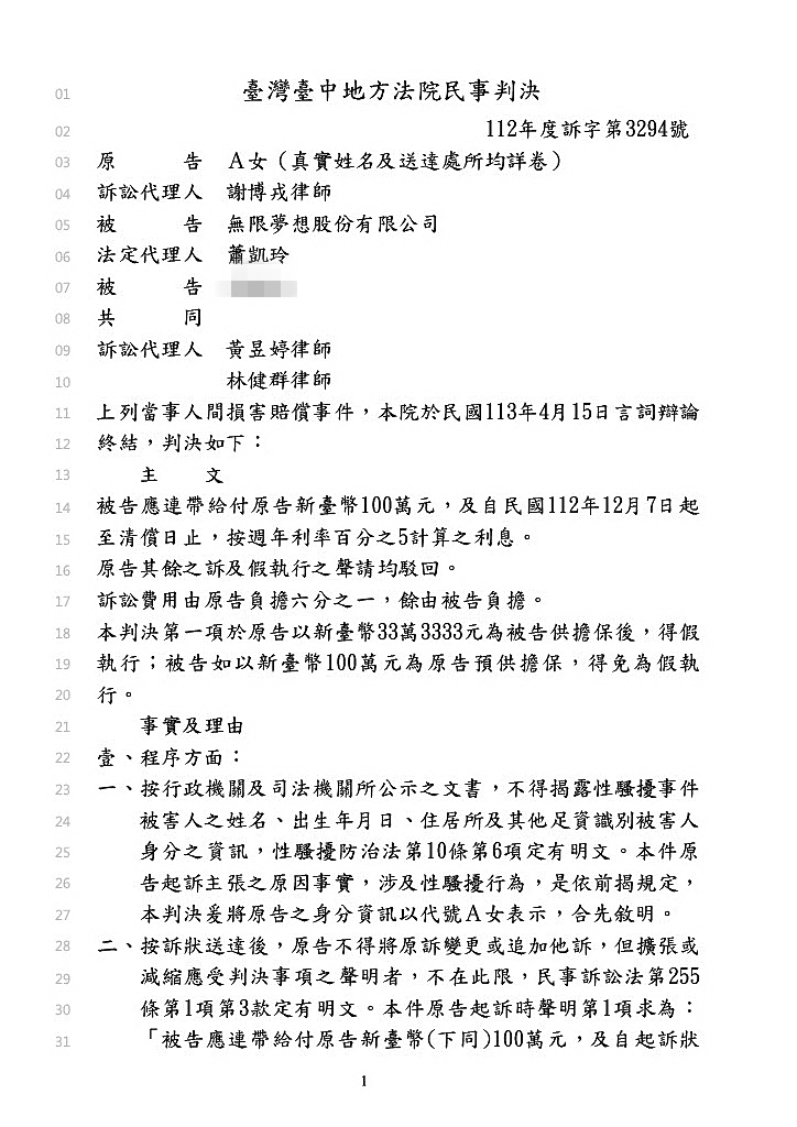 蔡南筠前經紀公司總經理因性騷事件，遭判賠100萬元。（翻攝自司法院判決書系統）