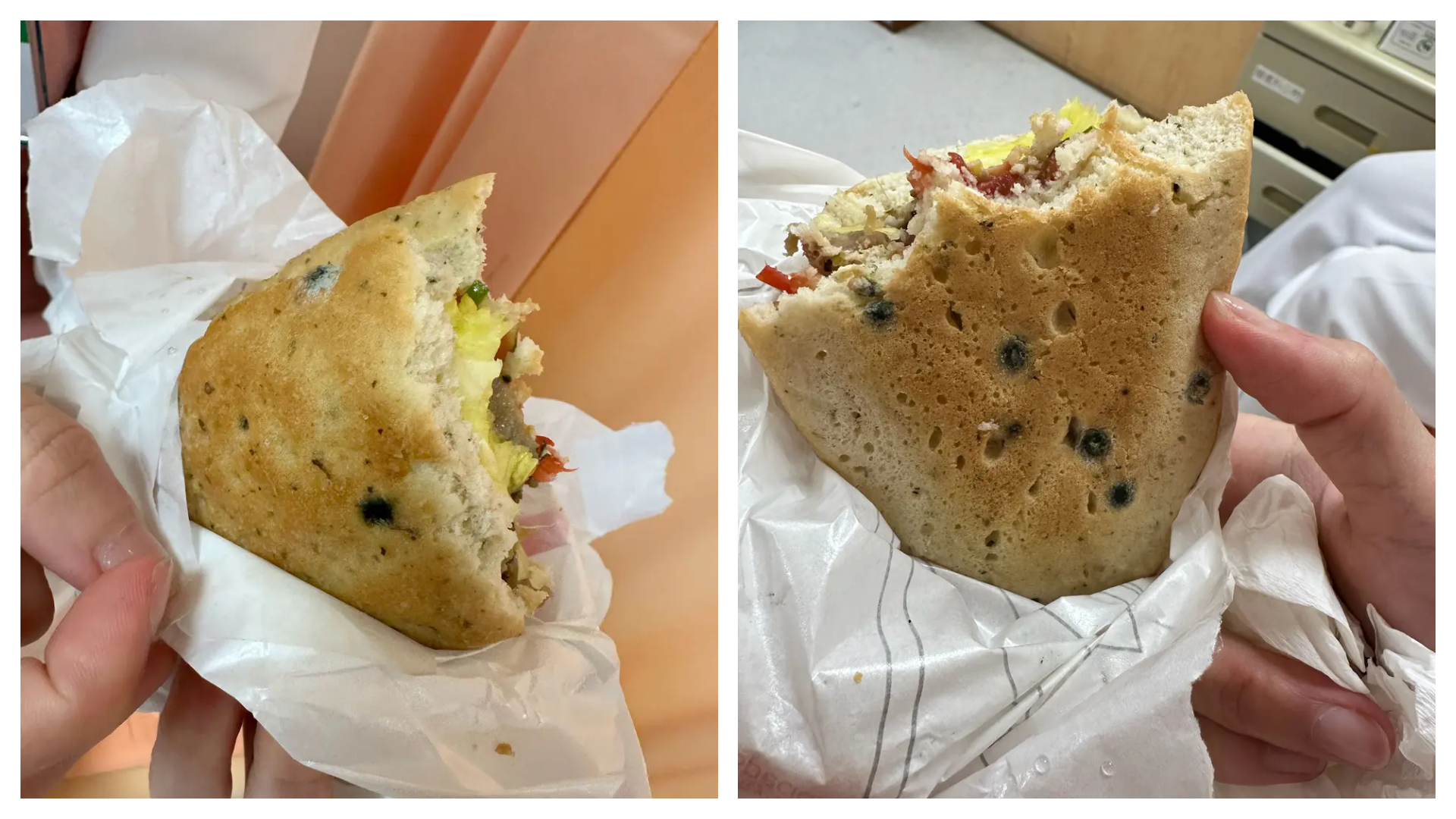 1名網友透過外送平台於連鎖咖啡店購買輕食，吃到一半竟發現有發霉「黑點」，但店家卻嘻嘻哈哈說是新人搞錯，誤拿到過期麵包。（翻攝自Dcard）