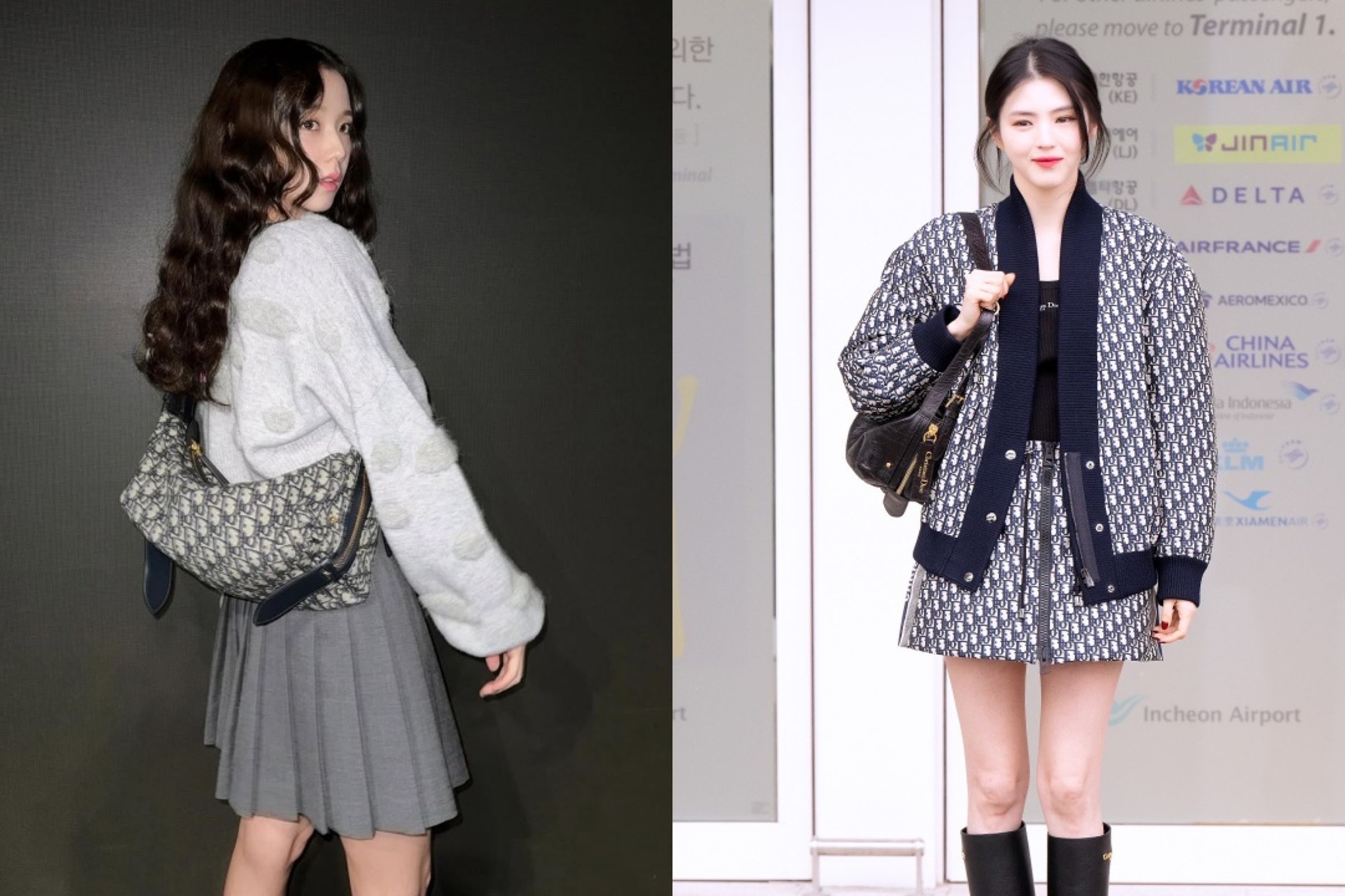 (左起)Jisoo、韓韶禧皆以D-Journey作為配件選擇:前者選用緹花帆布包款、後者則是小牛皮革。(翻攝自Jisoo、韓韶禧IG)