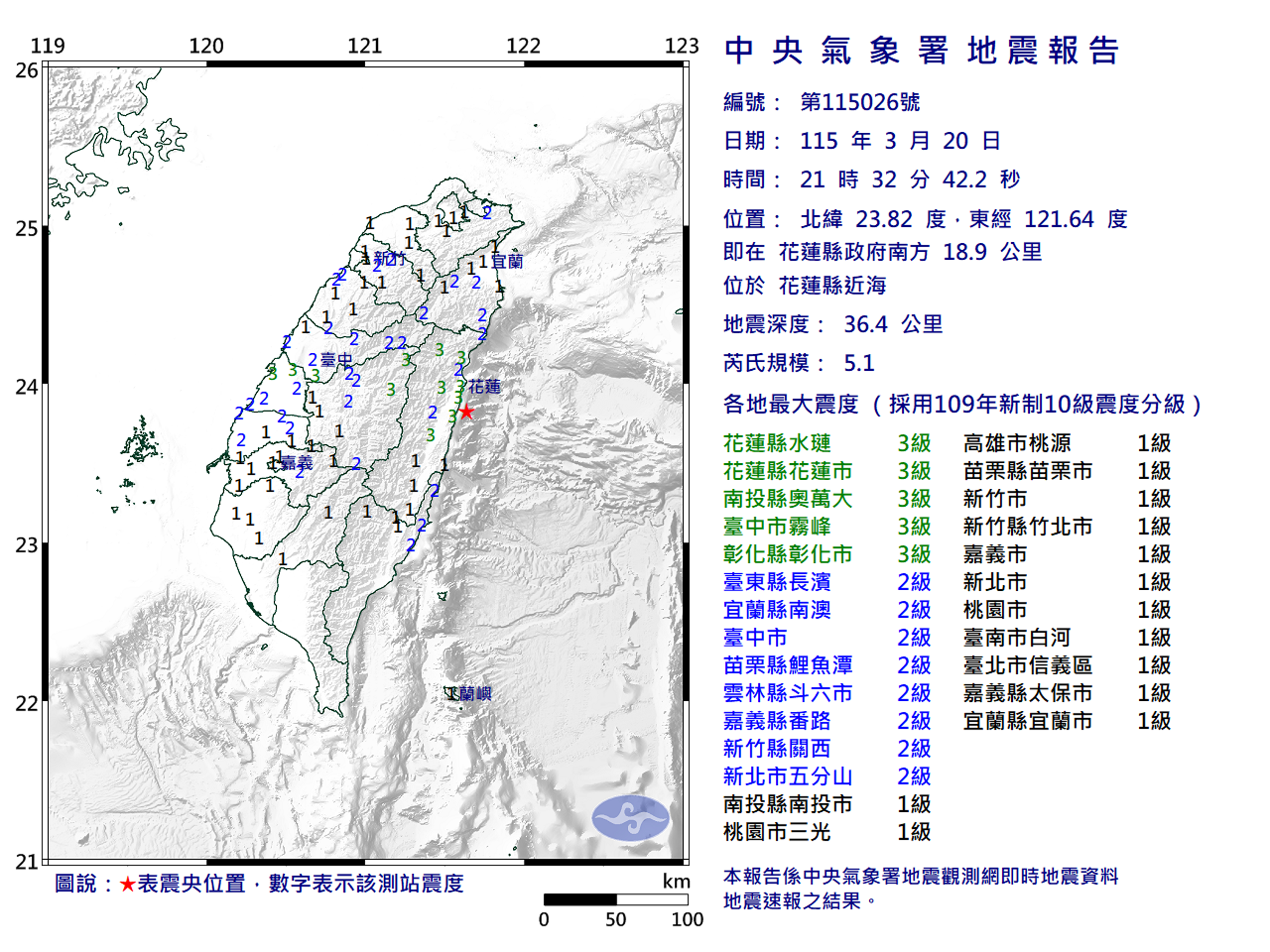 21時32分花蓮近海發生芮氏規模5.1的地震,地震深度為36.4公里。(翻攝自中央氣象署官網)