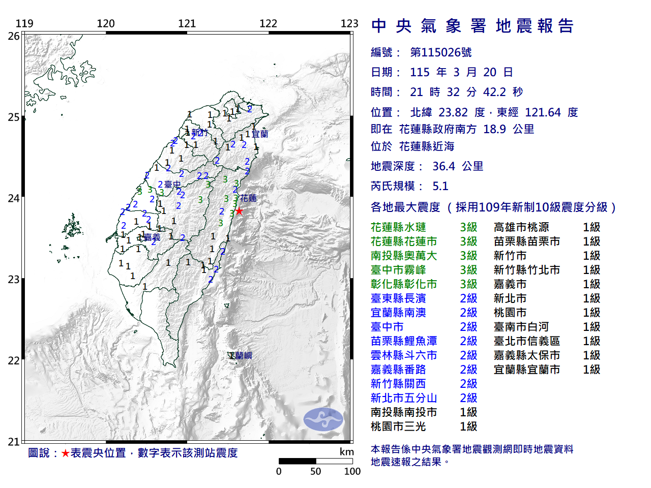 21時32分花蓮近海發生芮氏規模5.1的地震,地震深度為36.4公里。(翻攝自中央氣象署官網)