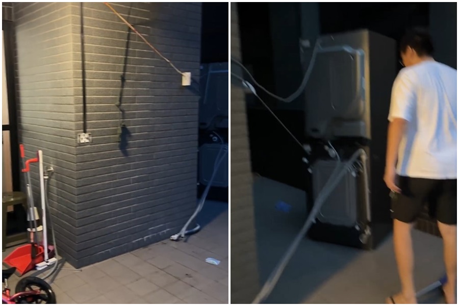 山陀兒還沒登陸就帶來強風，高雄住戶陽台的洗衣機差點被吹走。（翻攝自Threads）
