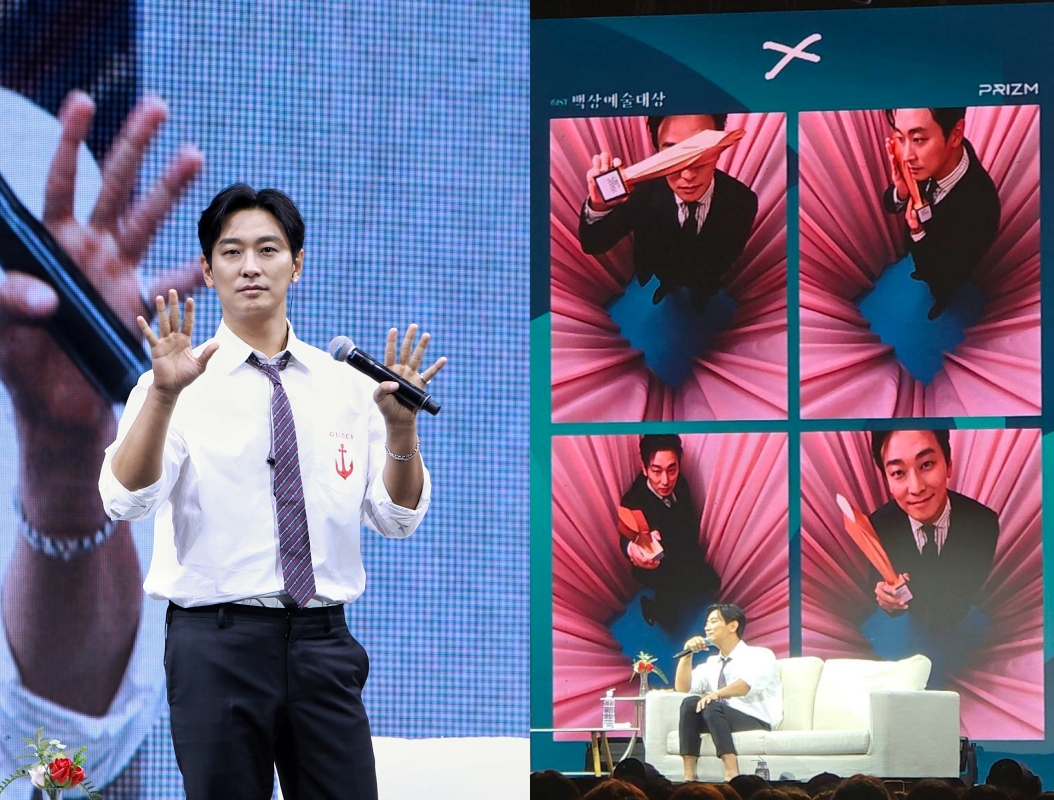 朱智勛在台大體育館舉辦粉絲見面會，將百想藝術大賞拍的人生四格照片送給幸運粉絲。（左 D-SHOW 提供）