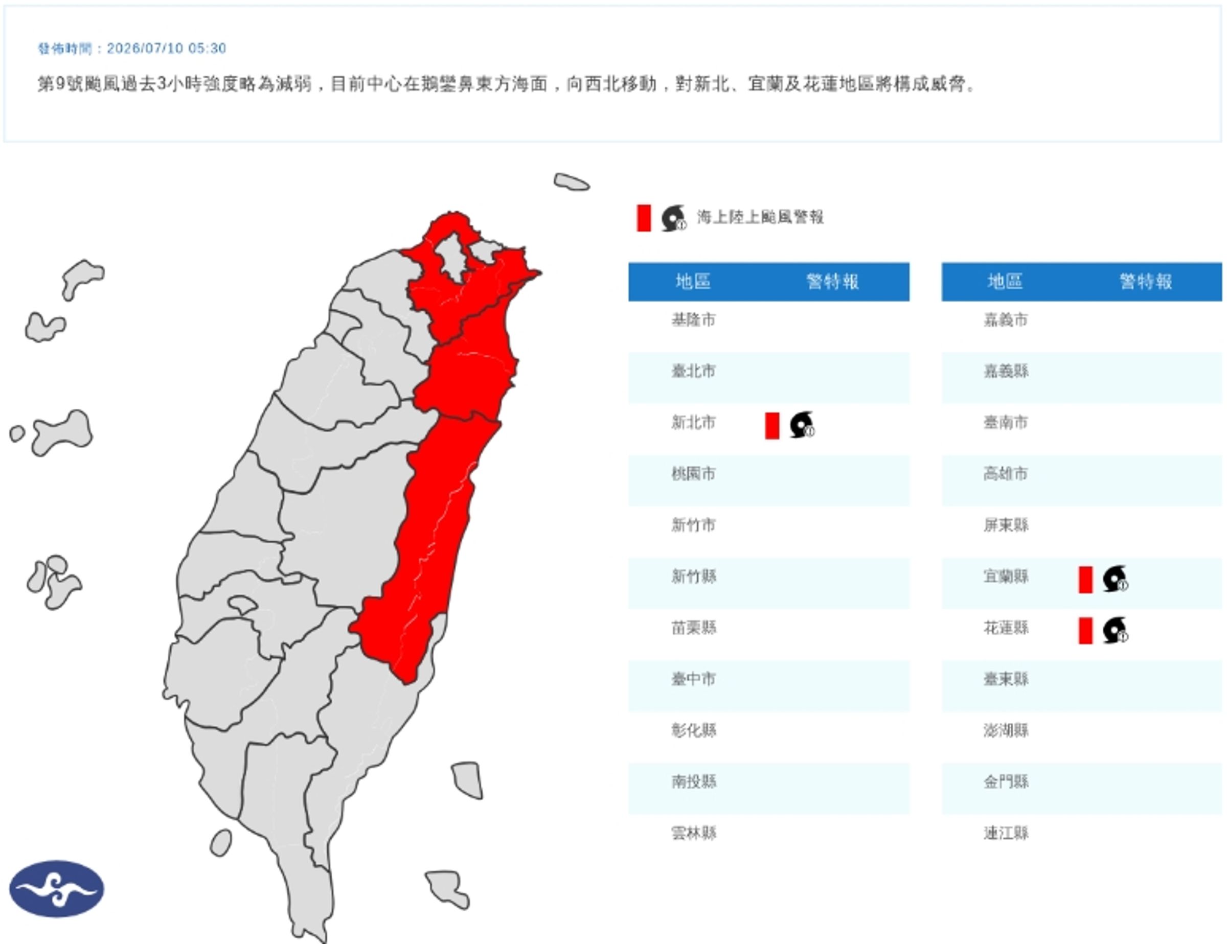 中央氣象署發布陸上颱風警報。(翻攝自中央氣象署官網)