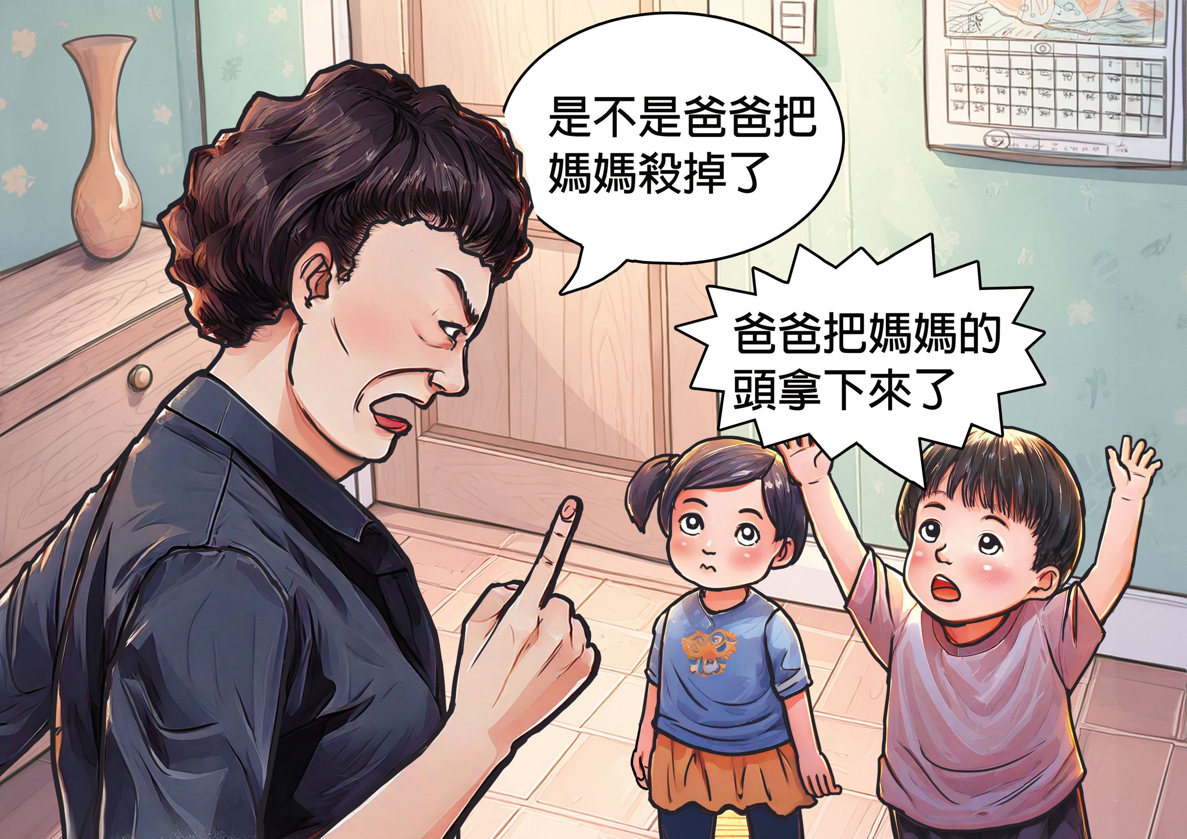 吳母要求外孫宣稱「爸爸把媽媽的頭拿下來」，緊咬女婿殺害女兒分屍。（AI繪圖Adobe Firefly生成，本刊美術組後製）