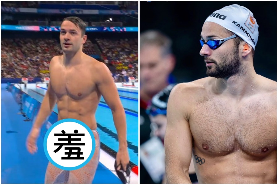 荷蘭泳將卡明加因為肉色泳褲，意外成位奧運賽場上的焦點。（翻攝自X、Arno Kamminga IG）