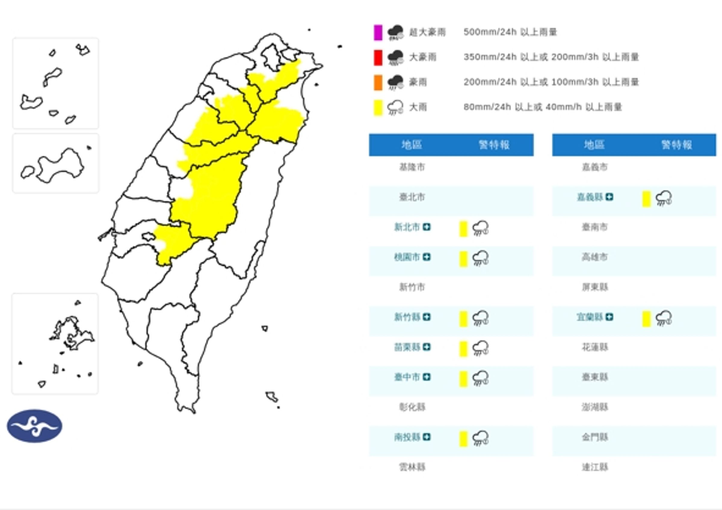 氣象署對8縣市發布大雨特報。(取自氣象署官網)