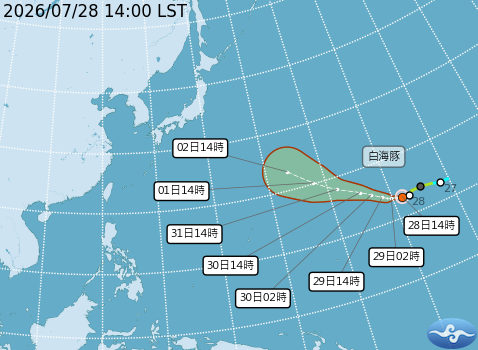 第13號颱風「白海豚」14時增強為中度颱風，未來將先朝西再轉西北西方向移動，預計下週往日本靠近。（翻攝自中央氣象署官網）