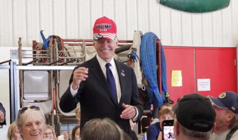 現網路上瘋傳一張拜登戴上川普競選帽的照片，引發熱議。（翻攝自Ｘ 川普戰情室）