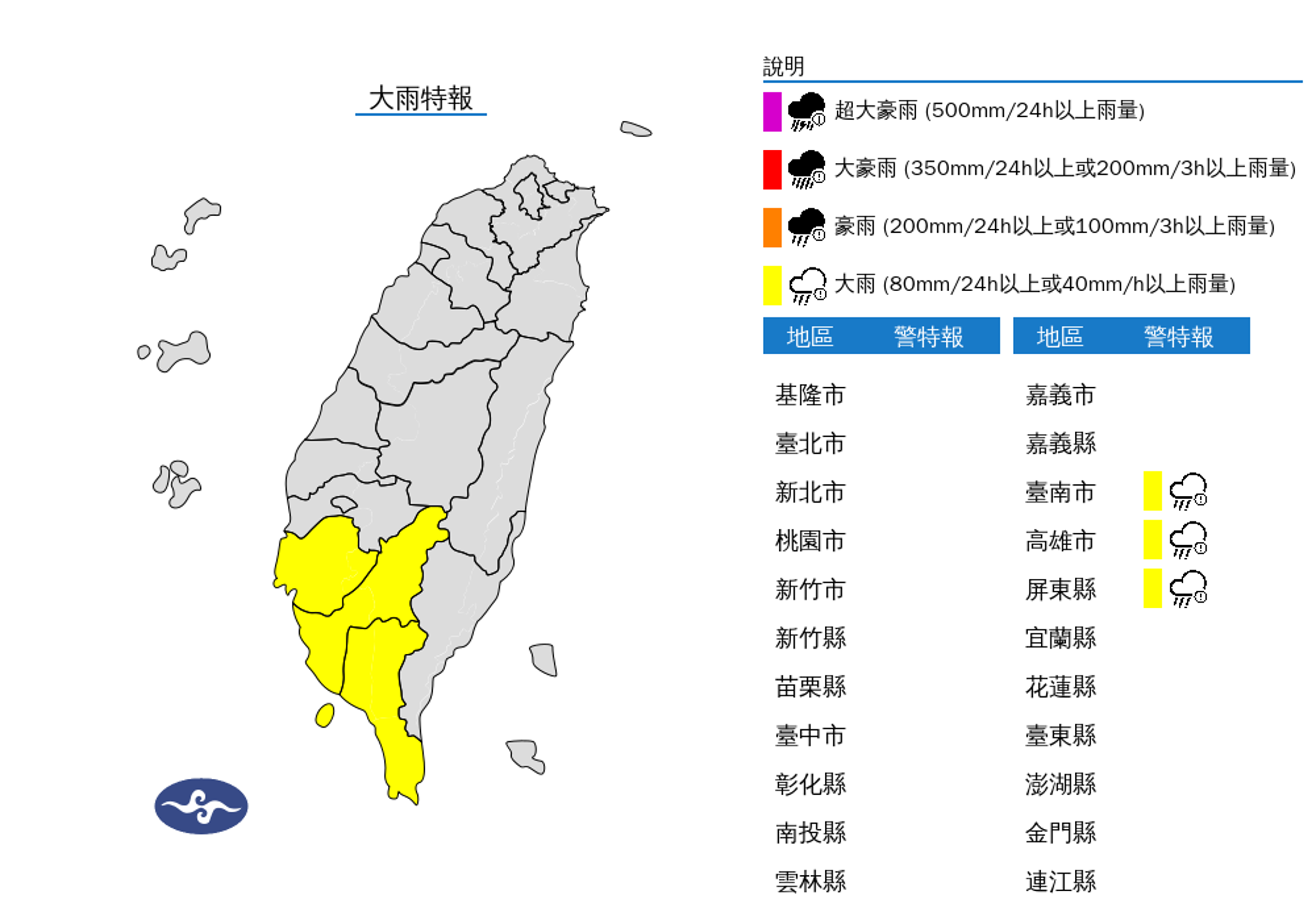西南風影響，易有短延時強降雨，氣象署深夜對南高屏3縣市發布大雨特報。（氣象署提供）