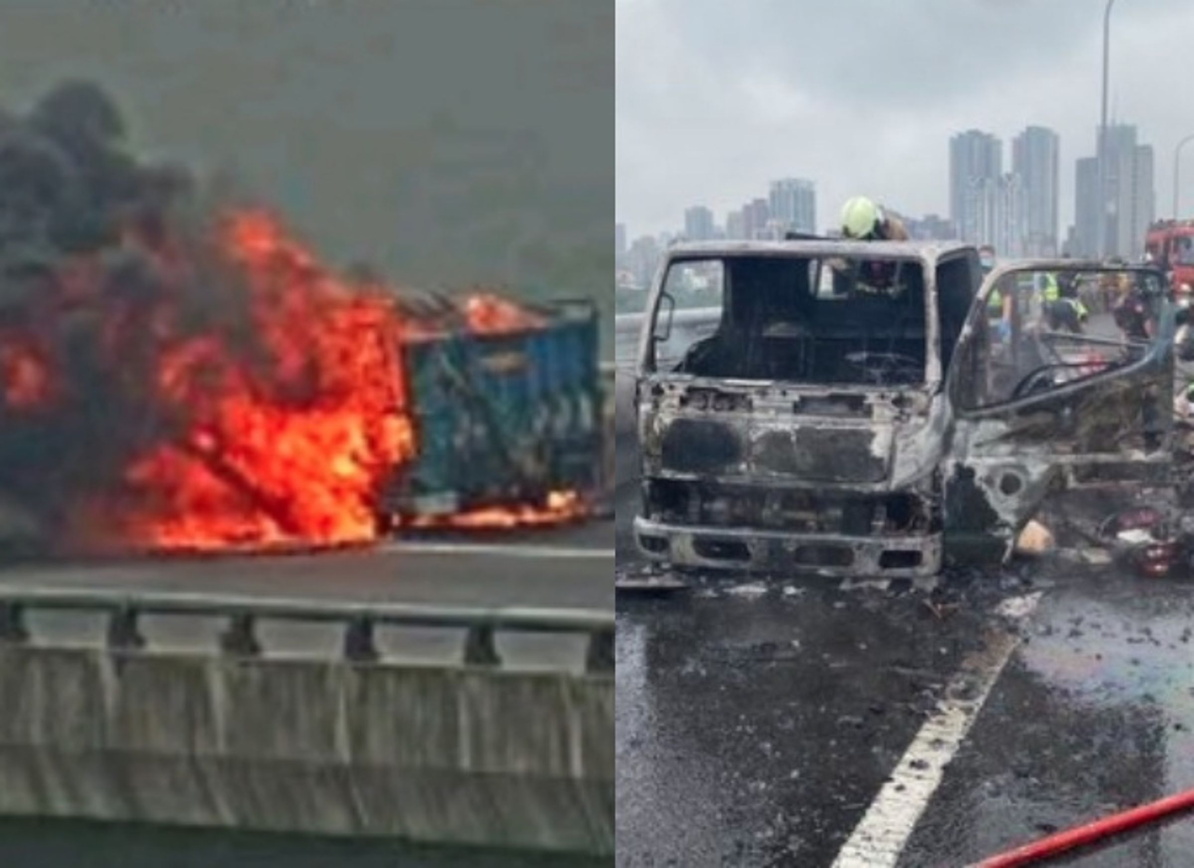 五楊高架今早突然發生火燒車事件，熊熊火勢把小貨車燒到僅剩骨架。（翻攝畫面）