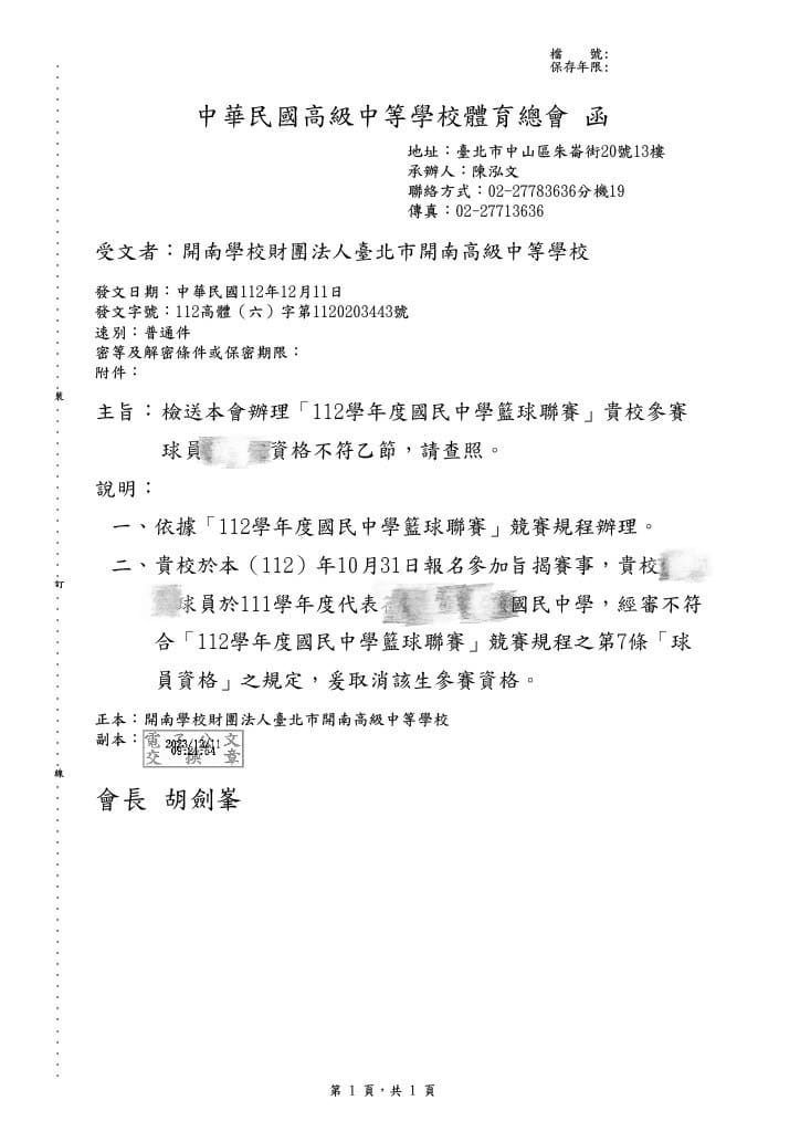 國中籃球聯賽主辦單位高中體總對該學童發出禁賽令。(翻攝開南國中教練臉書)