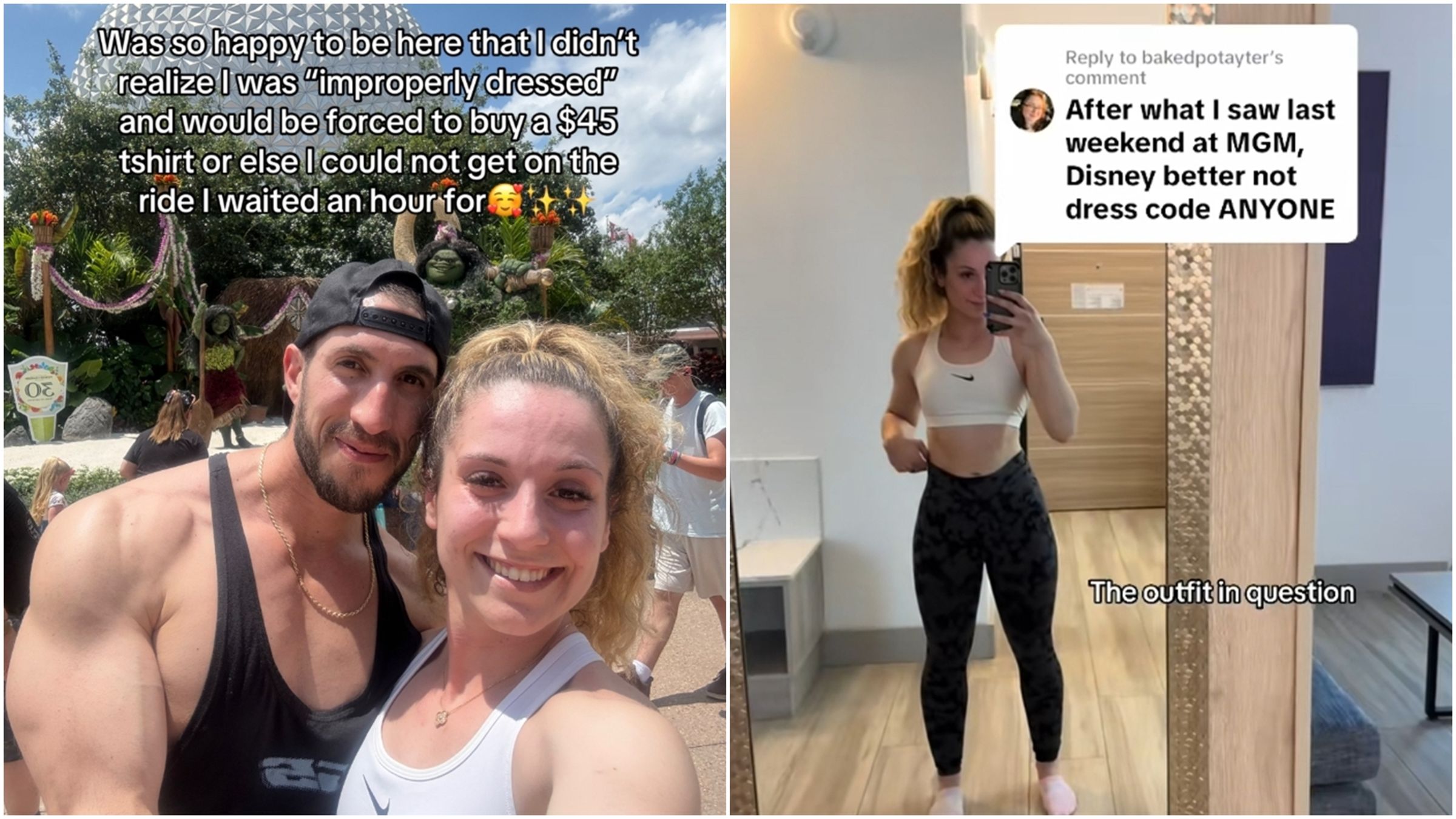 1名女子不滿穿著被警告，只好花錢買T恤才不被趕走。（翻攝自TikTok@arenalifts）