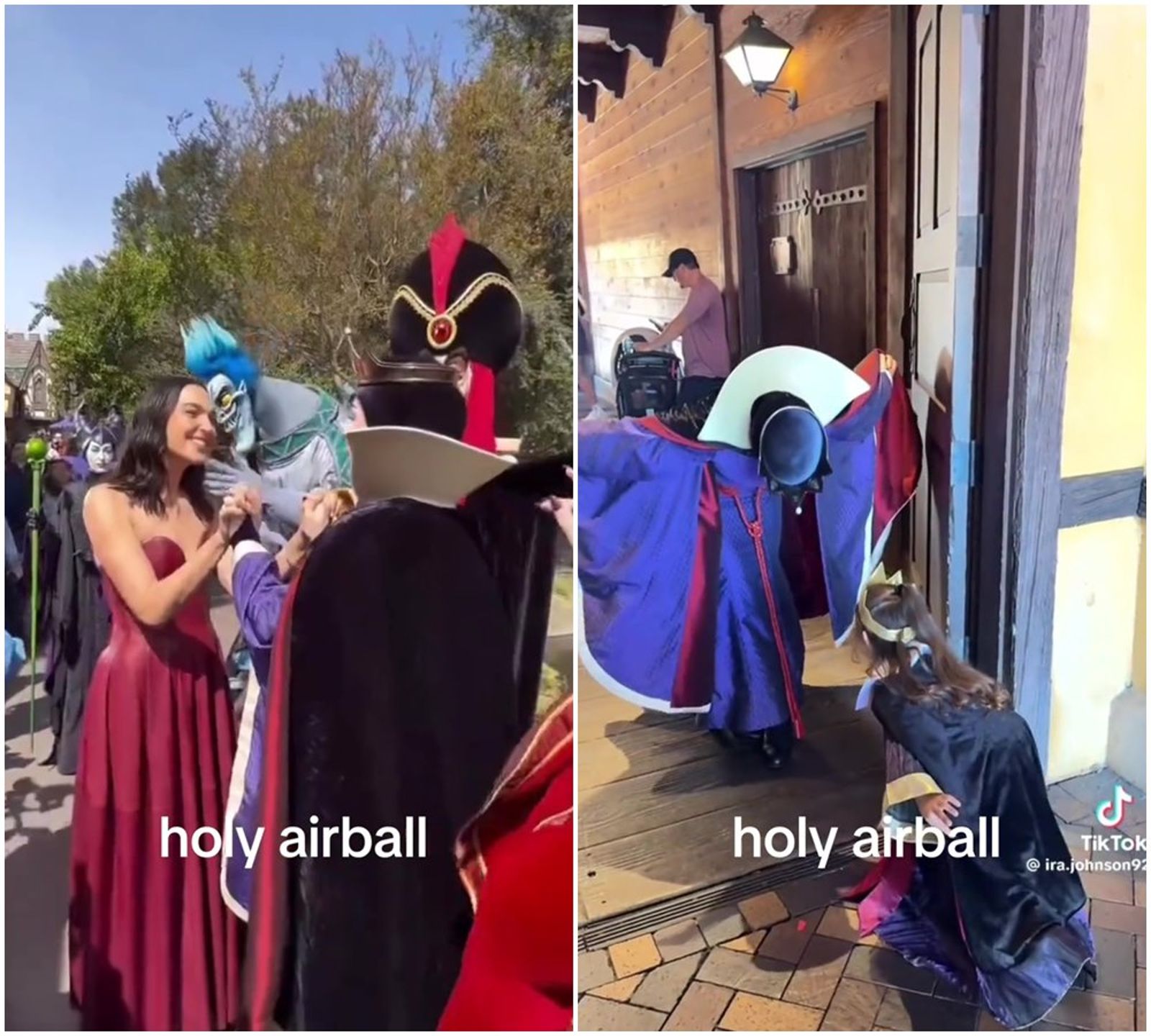 真人版《白雪公主》中扮演壞皇后的女星蓋兒加朵，曾在樂園與莎賓娜扮的壞皇后相會。（左圖／莎賓娜很會與小朋友互動，右圖翻攝自sabrinavonb TikTok）