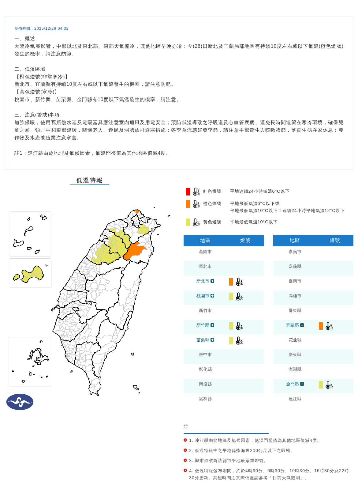 大陸冷氣團今持續發威，氣象署對新北、宜蘭等6縣市發布低溫特報。（中央氣象署提供）