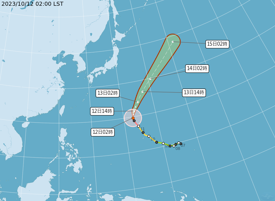 颱風布拉萬未來預估將朝日本東南方海面移動,對台灣天氣沒有直接影響。(中央氣象署提供)
