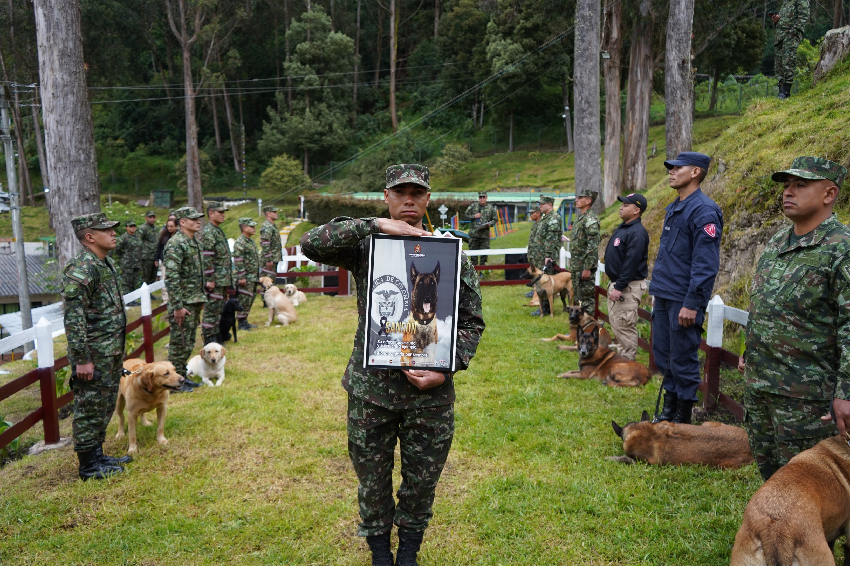 英勇警犬桑松不幸殉職，領犬員抱著牠的遺照，為其舉行隆重告別式。（翻攝自X @Ingenieros_EJC）