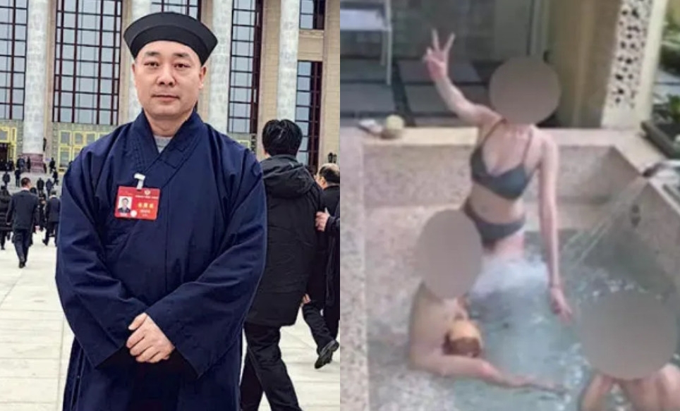 陝西省道教協會會長胡誠林被揭發隱婚生子超過20年，與妻小的泡湯照被外流。（翻攝微博）