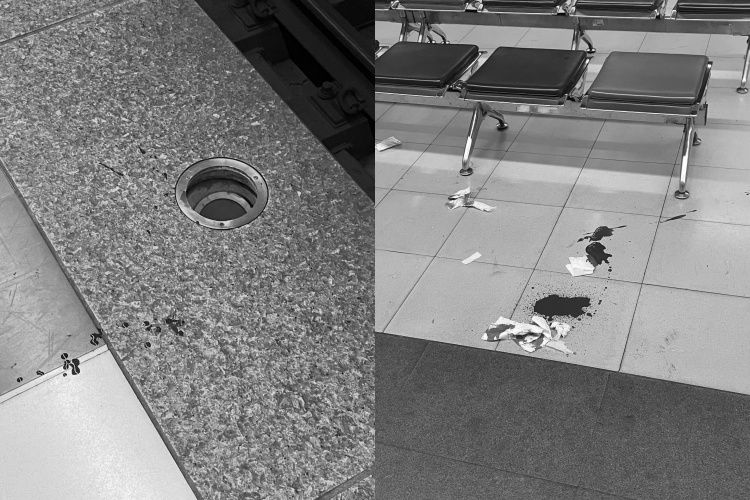 南港火車站月台現場，意外發生地點血跡斑斑。（翻攝自Threads）