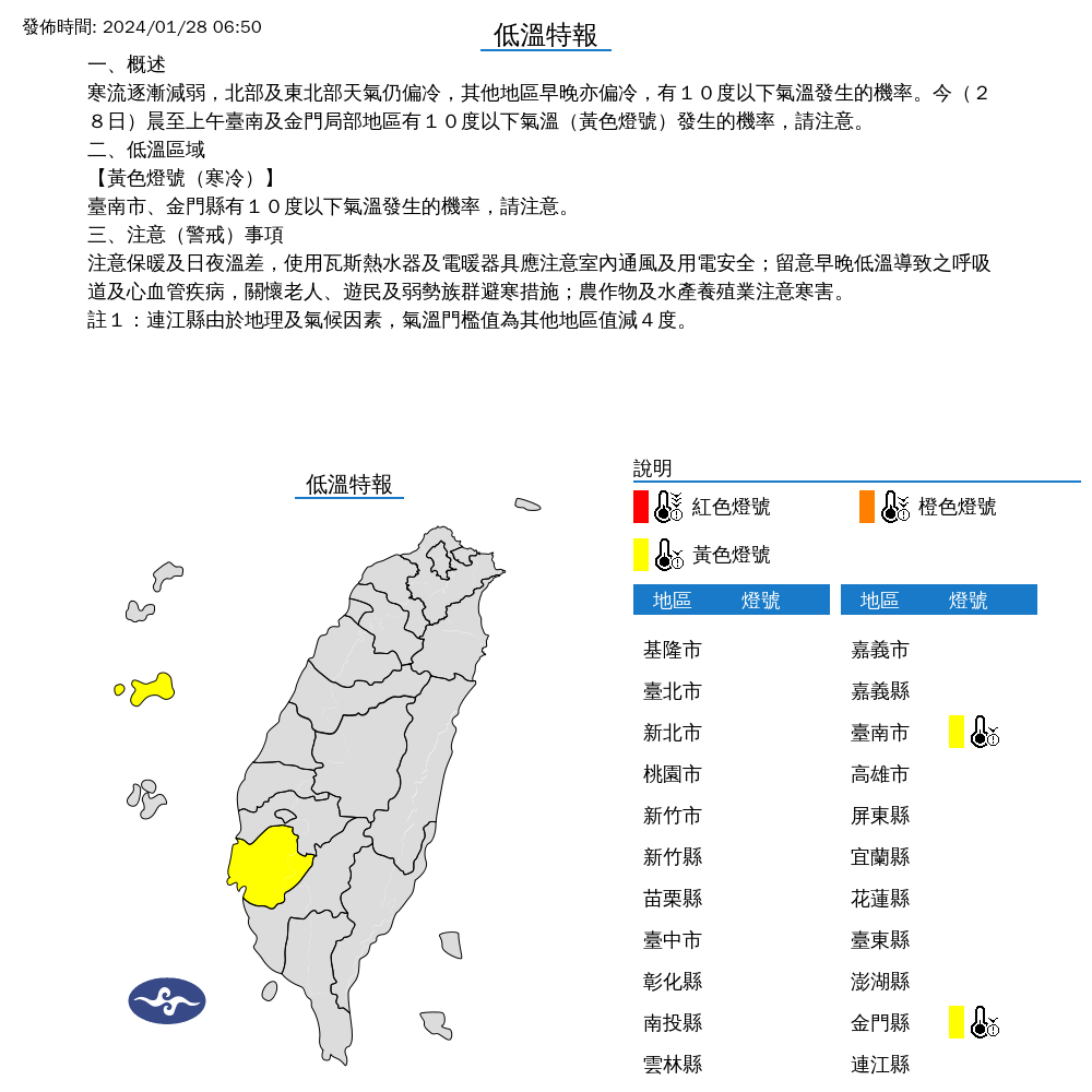 氣象署針對台南市、金門縣發布低溫特報。（氣象署提供）
