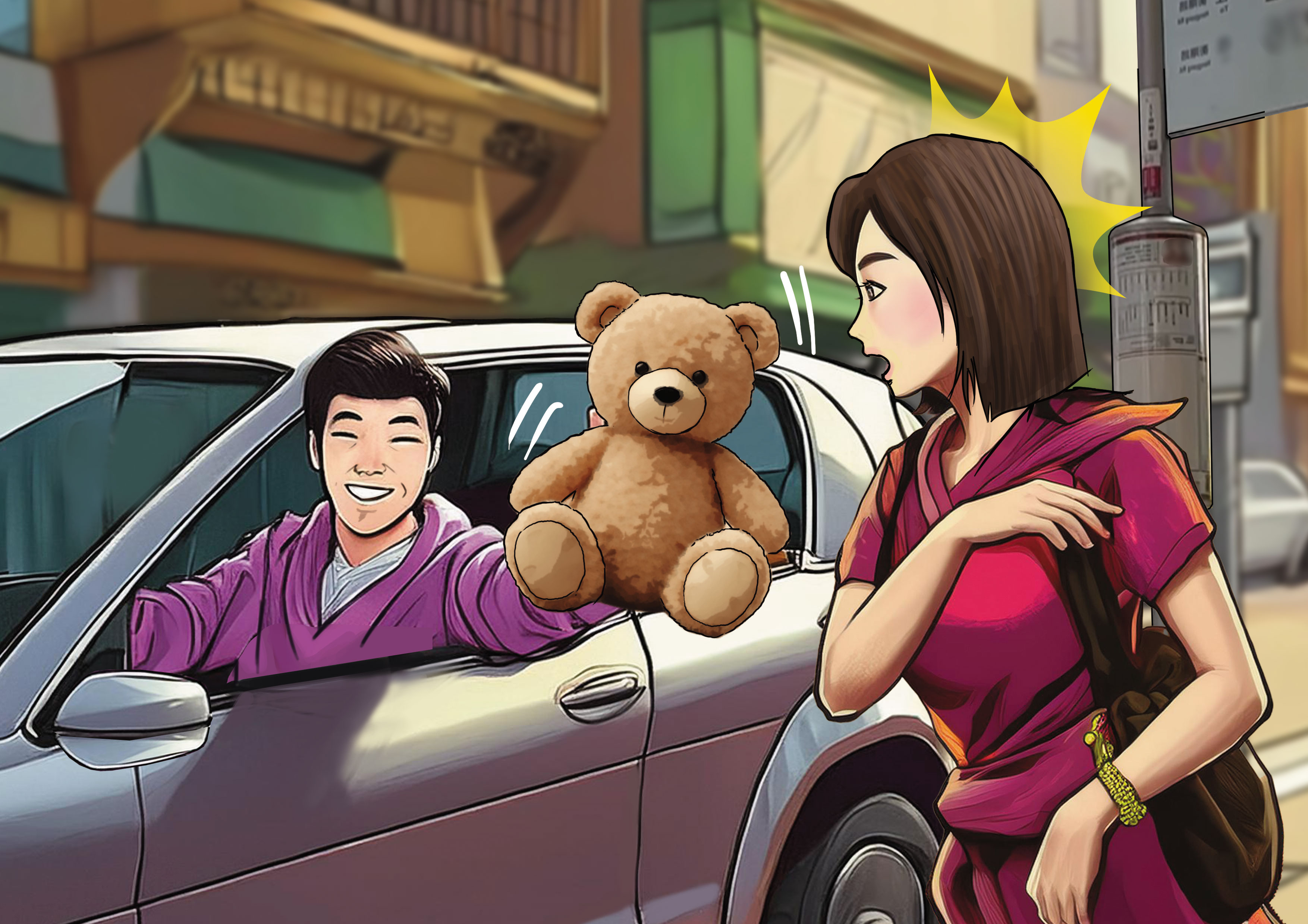 曾男（左）突然出現在小雯（右）家附近，堅持載她上班，還送她玩偶獻殷勤。（示意畫面，AI繪圖Firefly生成，本刊美術組後製）