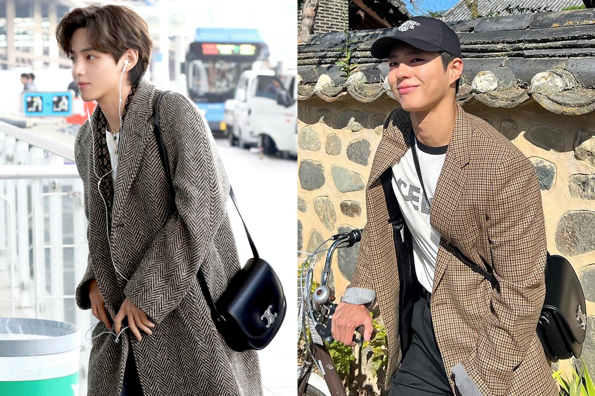 （左起）V金泰亨與朴寶劍皆以英倫風造型搭配最新BESACE TRIOMPHE手袋。（CELINE提供）