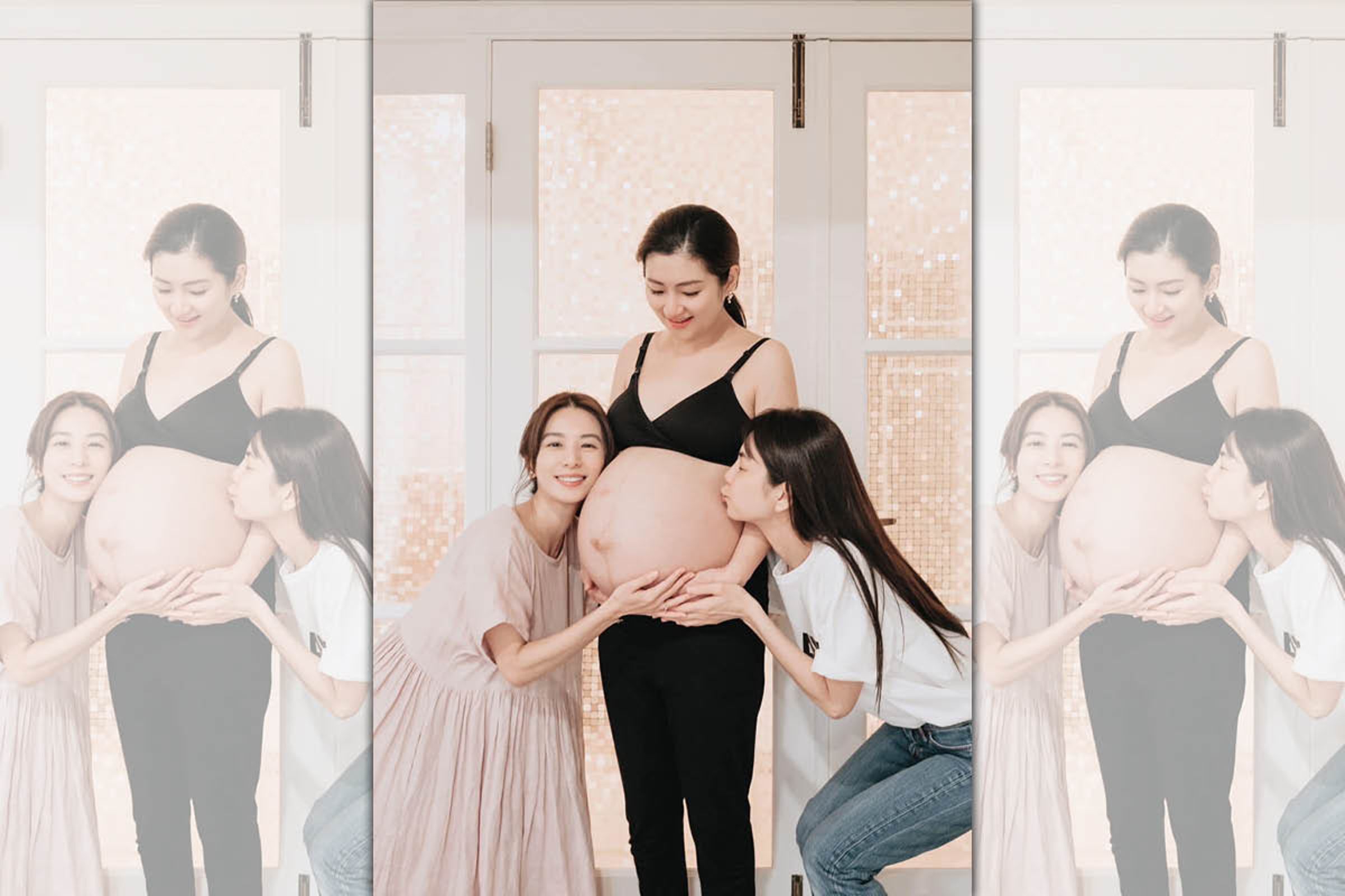 Selina任家萱（中）挺著巨肚與Ella（右）、Hebe（左）兩位好姊妹的合照。（翻攝自Selina臉書）