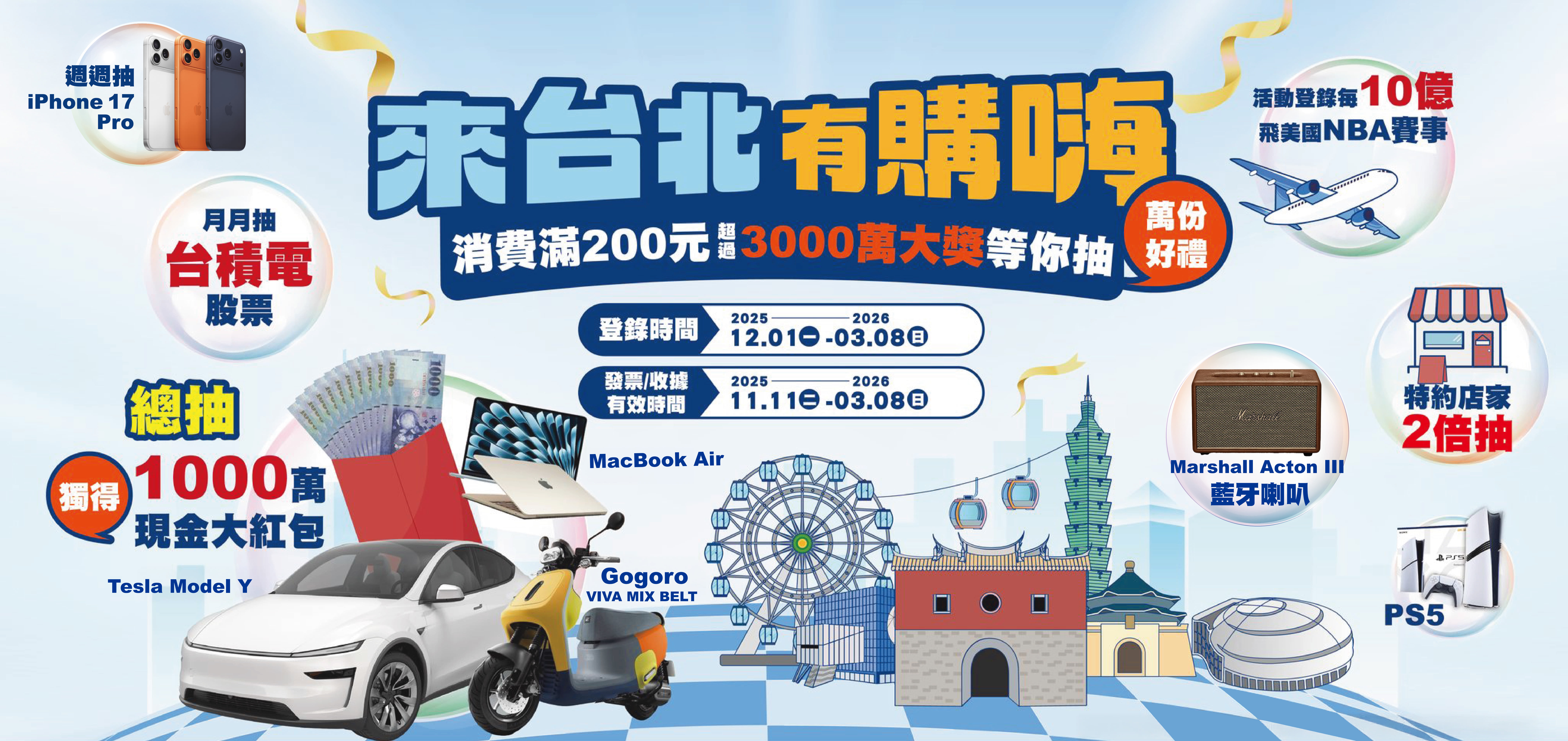 活動規劃週週抽、月月抽、台北市民專屬加碼抽及總抽獎，快來台北把1萬元花得更划算、更好玩。（台北市商業處提供）