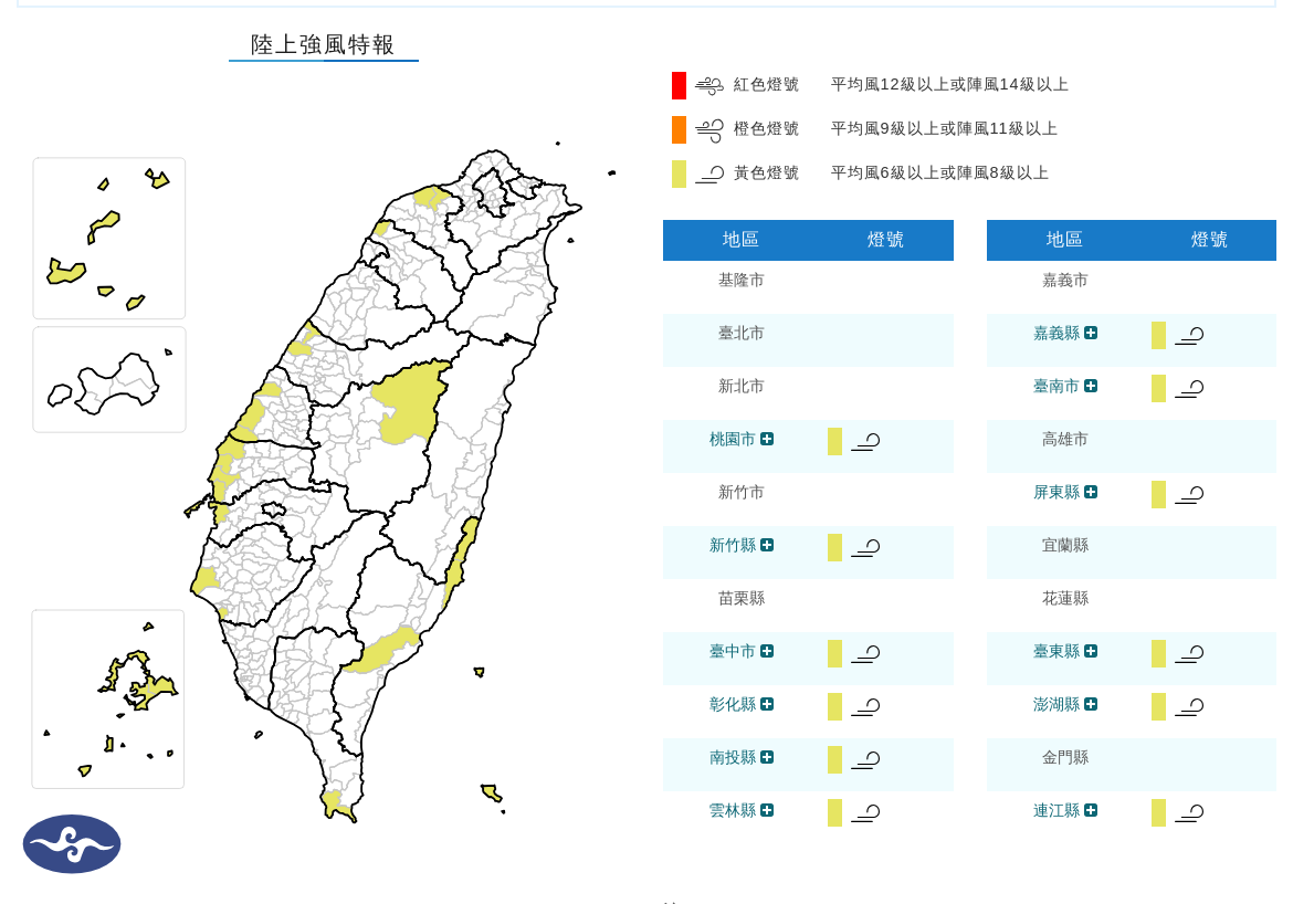 氣象署發布陸上強風特報，桃園、新竹、台中至台南等地有平均風力6級以上或陣風8級以上發生機率。（氣象署提供）