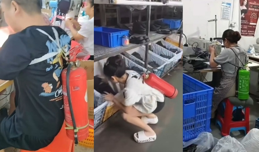 中國福建晉江有工廠祭出強制員工背負4公斤滅火器上班的荒謬規定。(翻攝自X)