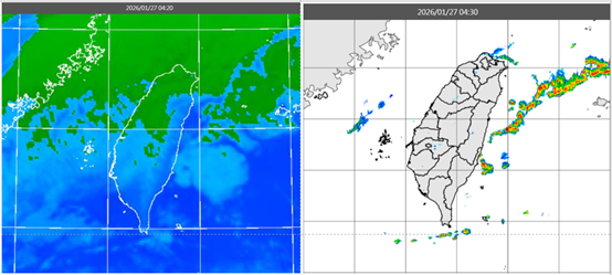 今晨4時20分紅外線色調強化雲圖顯示，中部以北雲層很多（左圖）。4時30分雷達回波合成圖顯示，降水回波大多在東半部海上（右圖）。
