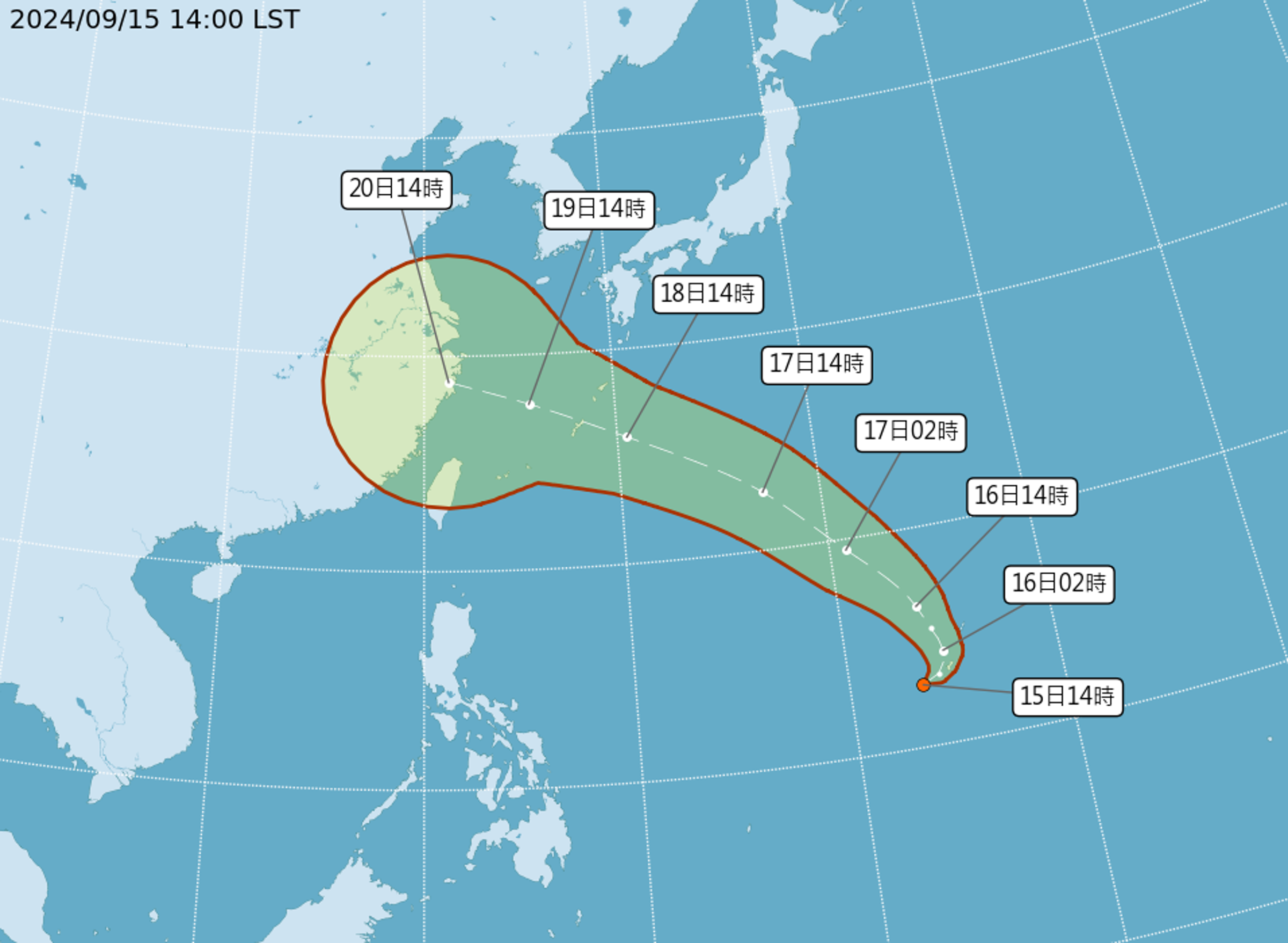 1個熱帶性低氣壓預估明增強為颱風「葡萄桑」。(翻攝氣象署網站)