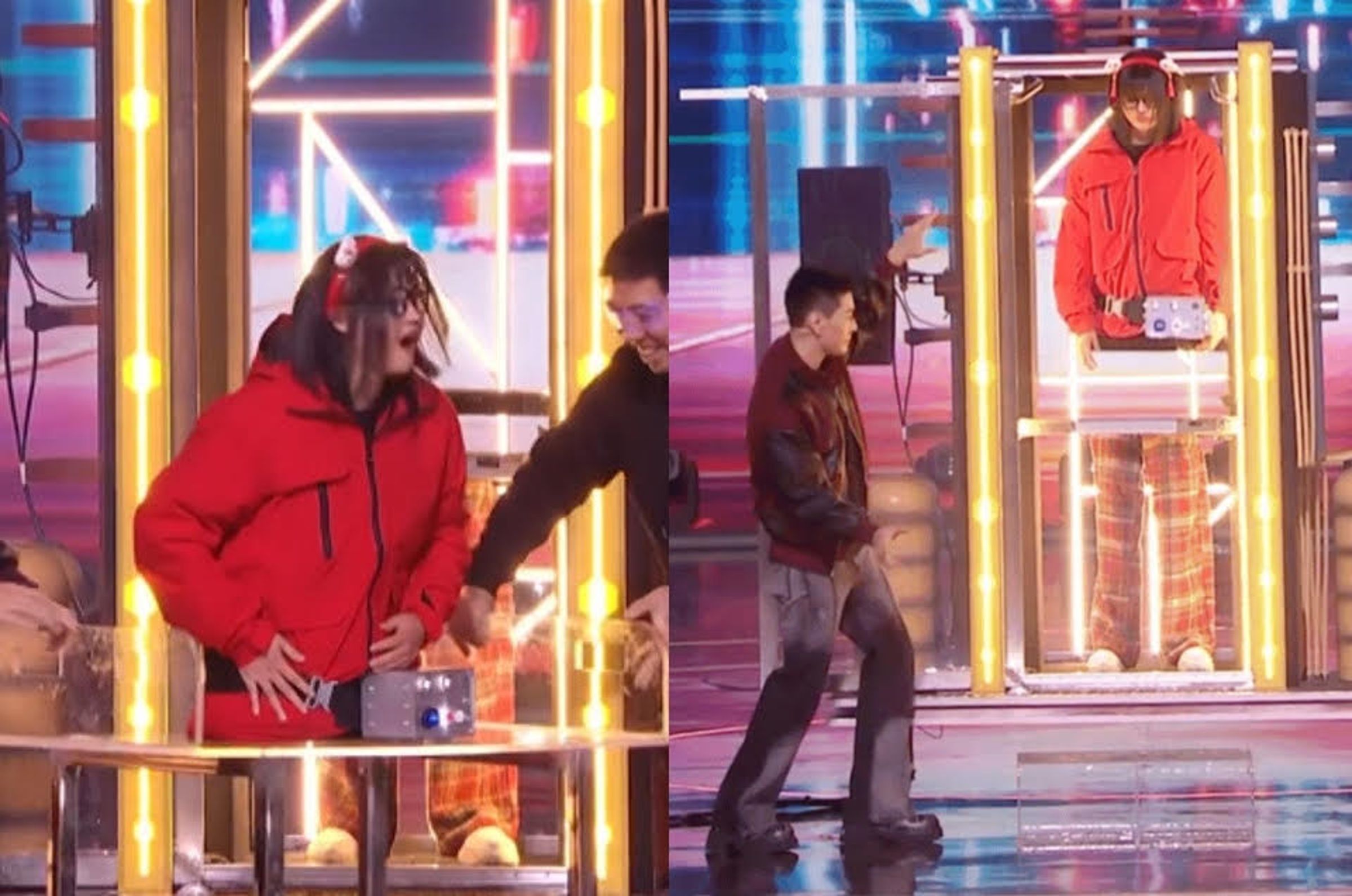 鄧男子在湖南衛視春晚表演「人體切割」魔術。(翻攝微博)
