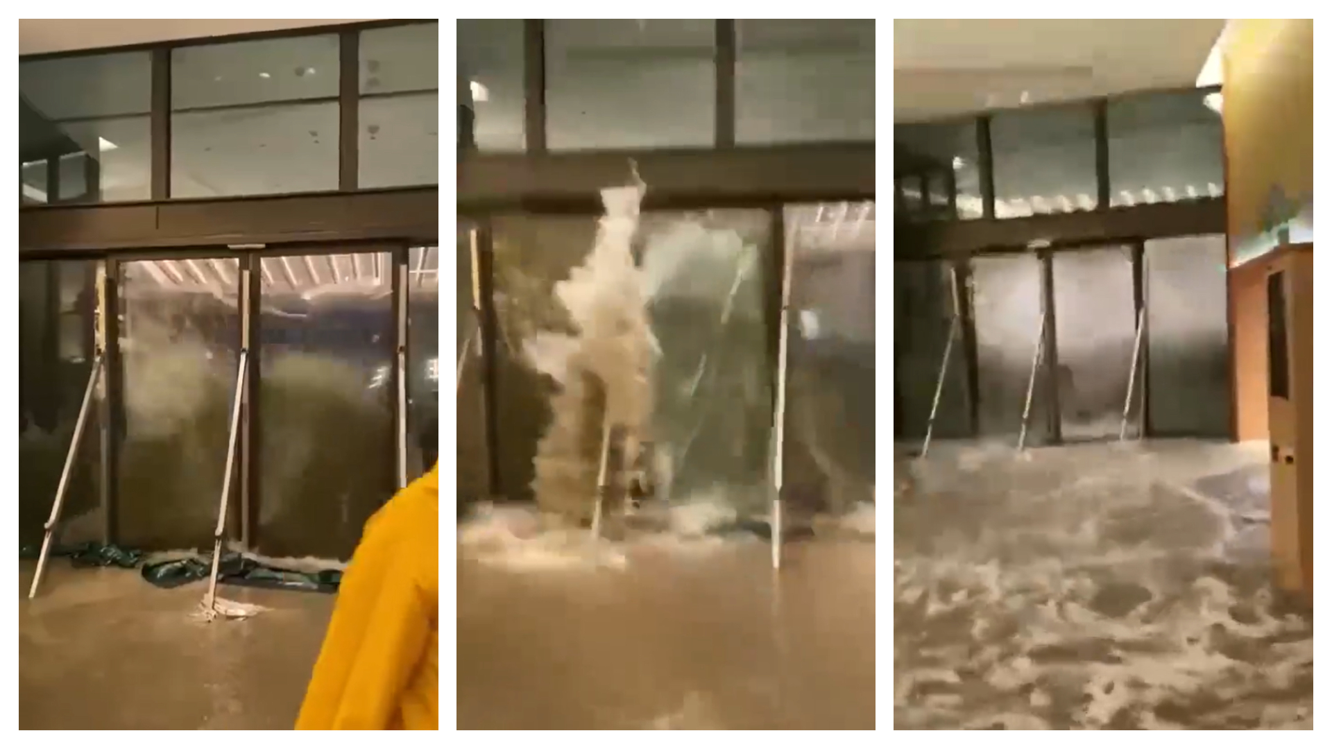 香港富麗敦海洋公園酒店玻璃門慘遭沖破。（翻攝自X）