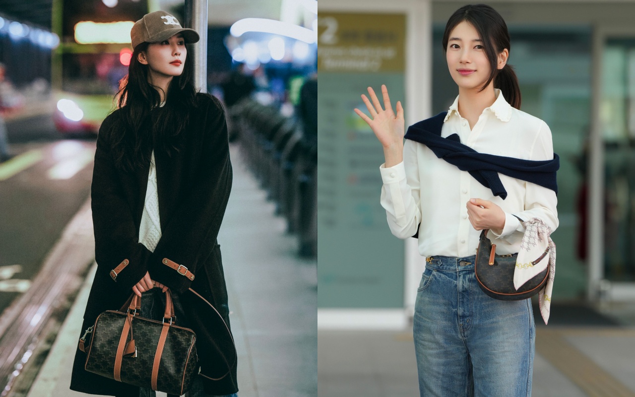 （左起）劉詩詩、秀智以不同包款詮釋CELINE的Triomphe Canvas標誌性印花系列。（CELINE提供）