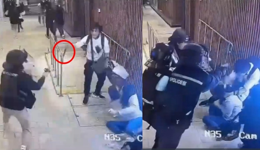 香港屯門昨晚發生持刀挾持事件，警方果斷開槍擊斃歹徒，現場影片曝光引發熱議。（翻攝自Threads）