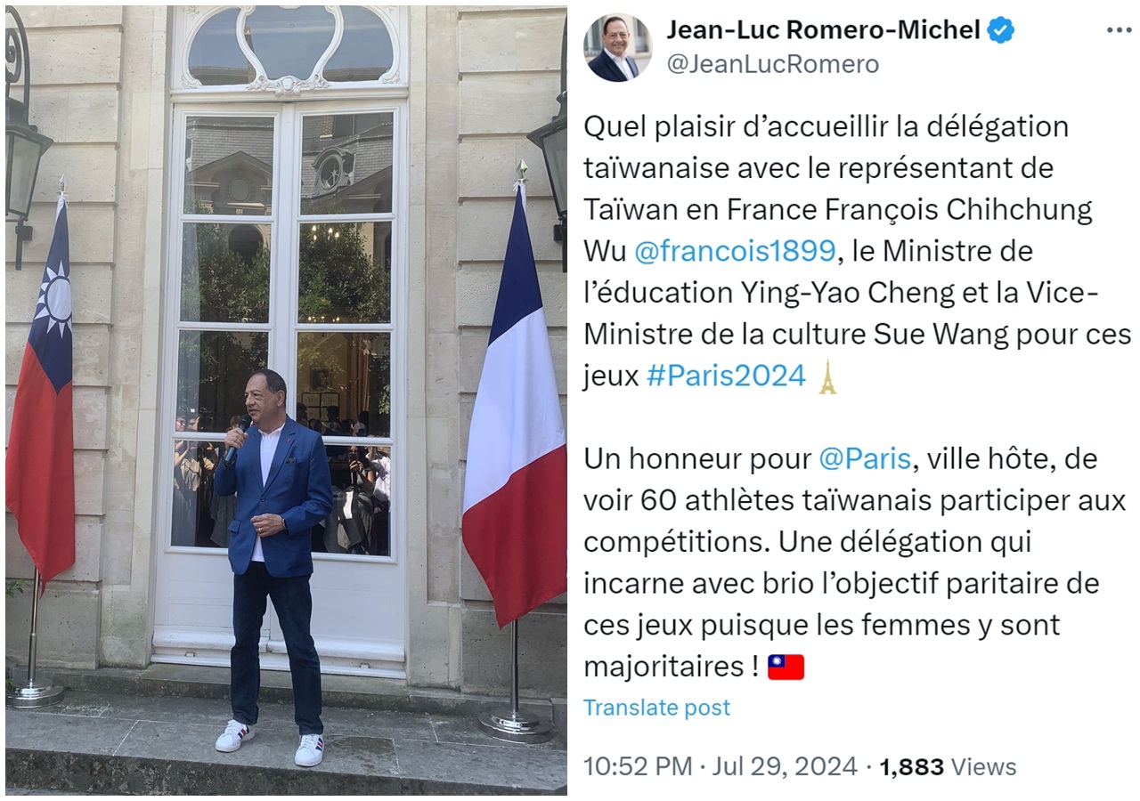 巴黎副市長米歇爾以實際行動歡迎參加奧運的「台灣隊」，還在社群媒體上po文，並附上溫馨的國旗貼圖。（翻攝自X平台@JeanLucRomero）