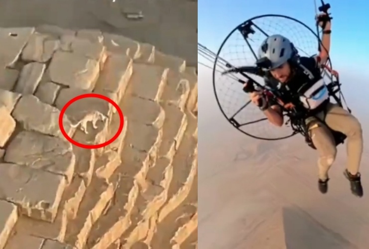 一名滑翔傘玩家在飛躍埃及金字塔上空時,驚見一隻狗狗就站在金字塔頂端。(翻攝自Instagram @Marshall Mosher)