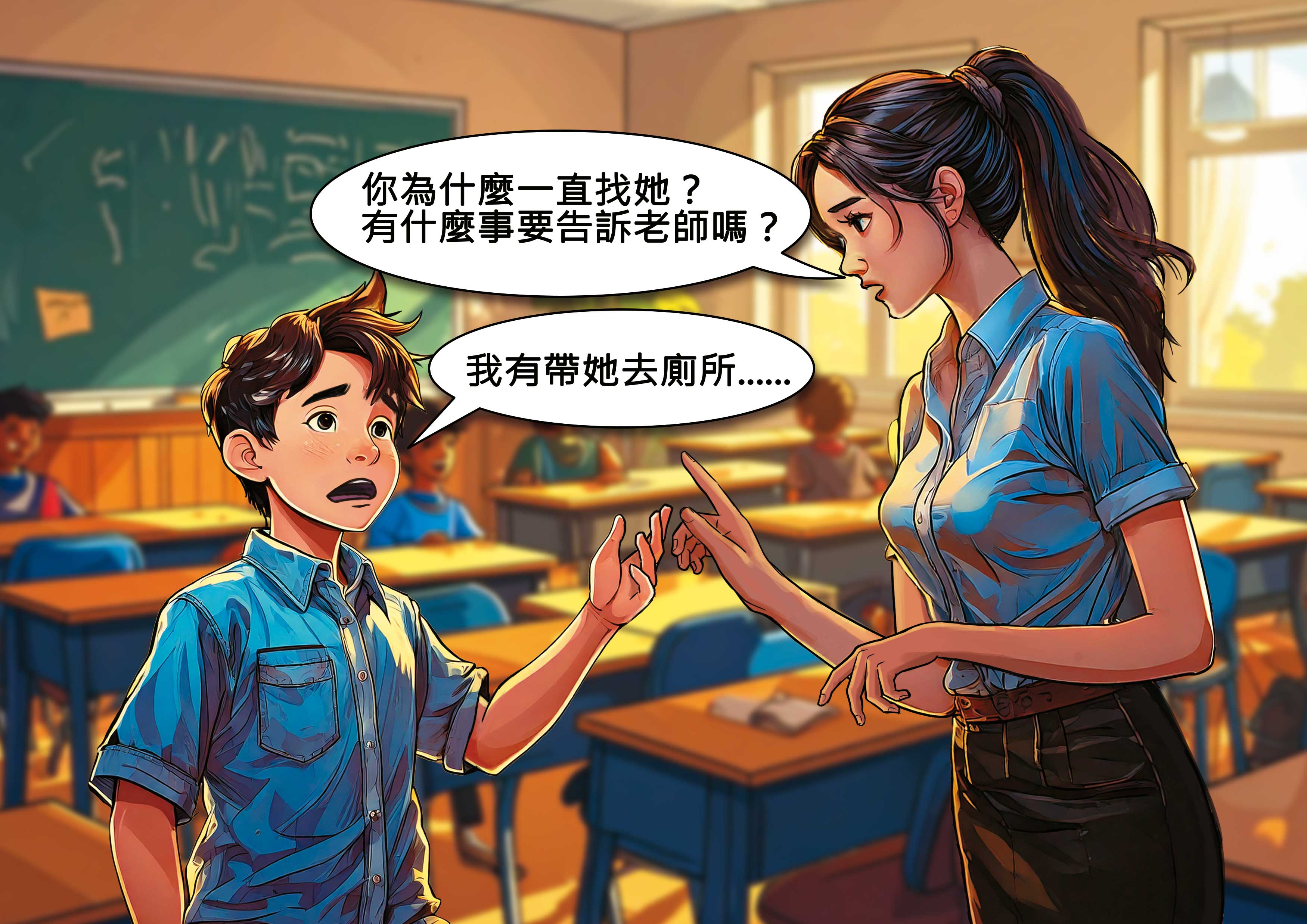 小五男童（左）面對老師詢問，突然自白曾將小二女童帶到廁所猥褻、指侵。（示意畫面，AI繪圖Adobe Firefly生成，本刊美術組後製）