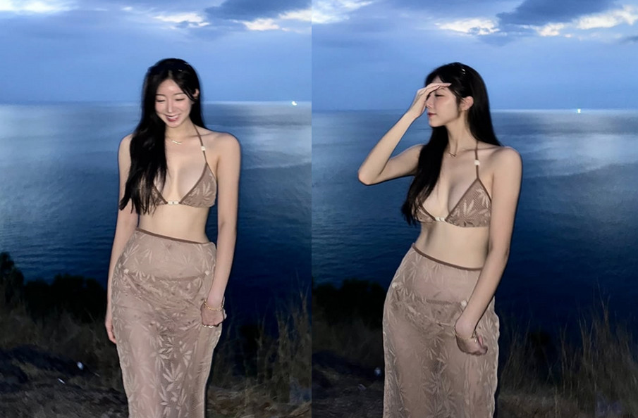 安芝儇曬出海邊比基尼辣照，被外界解讀無聲回應戀情傳聞。（翻攝IG@wlgus2qh ）
