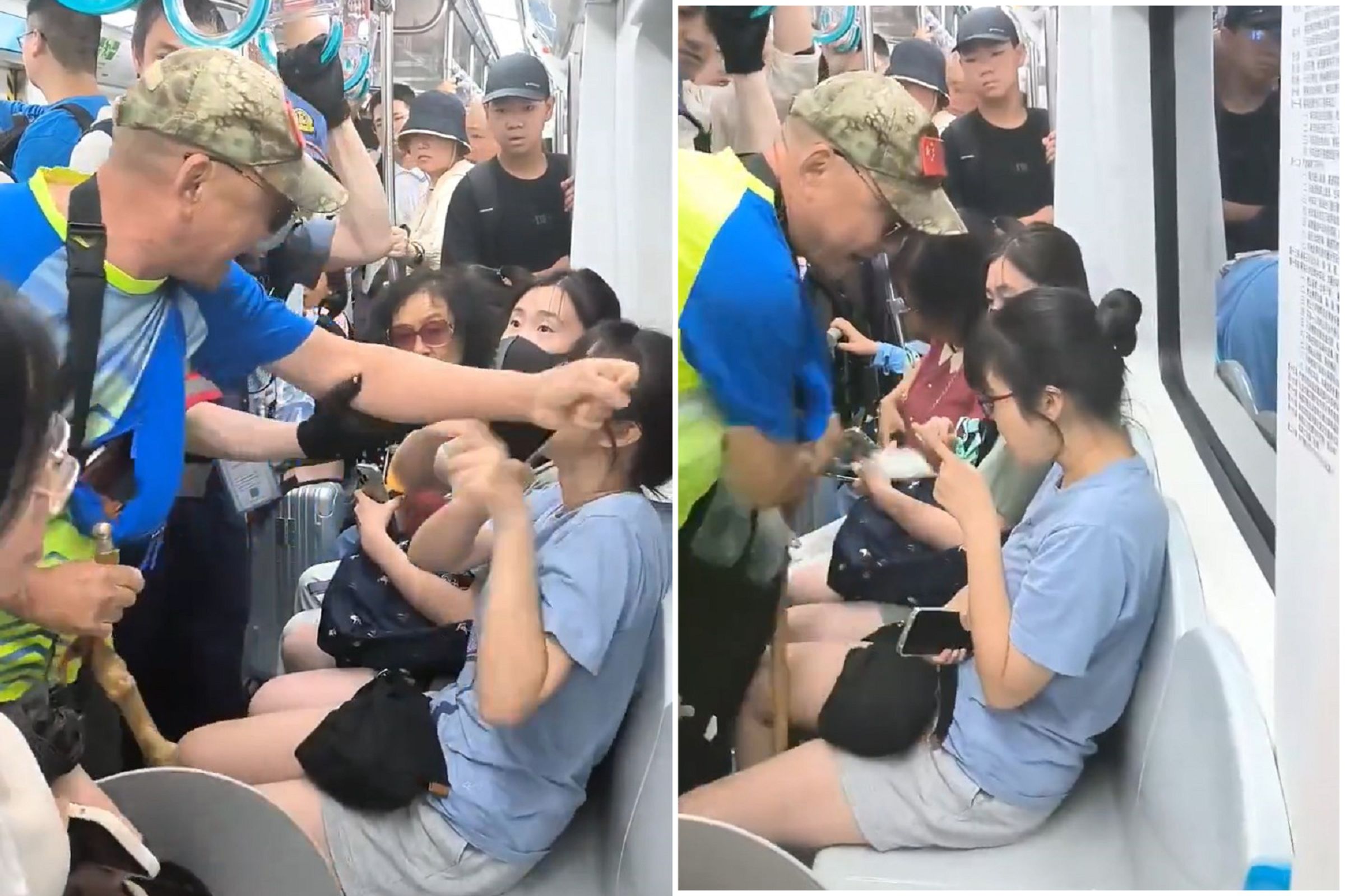 中國老人逼讓位真的狠!拐杖撬開妹子大腿內側,動手動腳力大如牛。(翻自X平台)